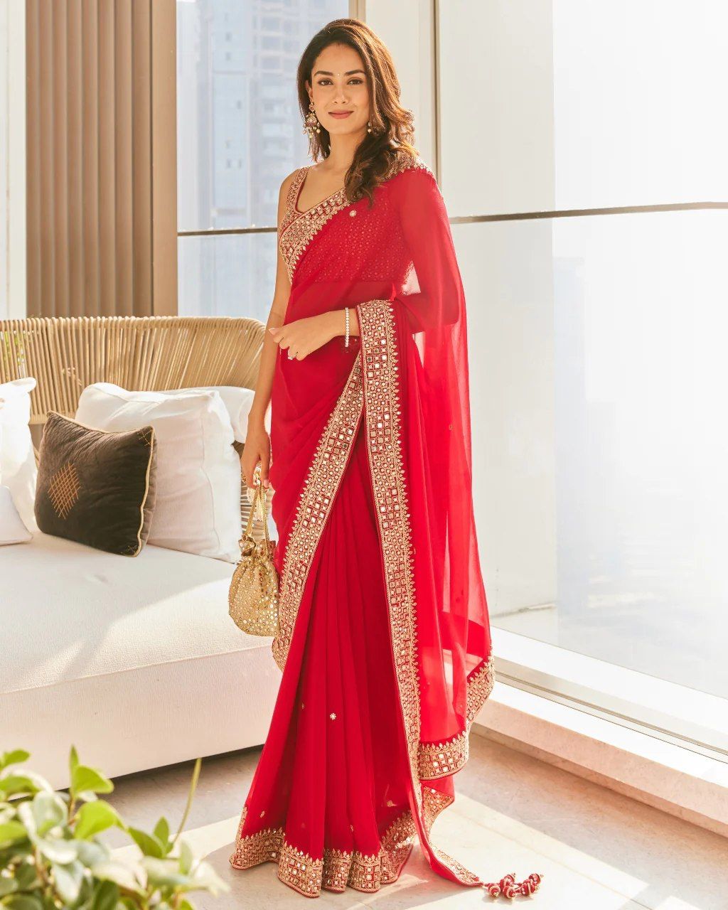 Red Georgette Saree in Sequin & Lace Elegance
