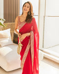 Red Georgette Saree in Sequin & Lace Elegance