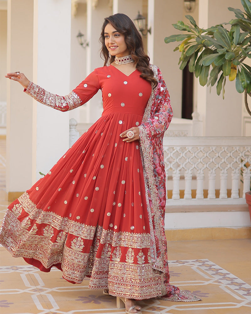Hridaya red georgette anarkali gown suit set