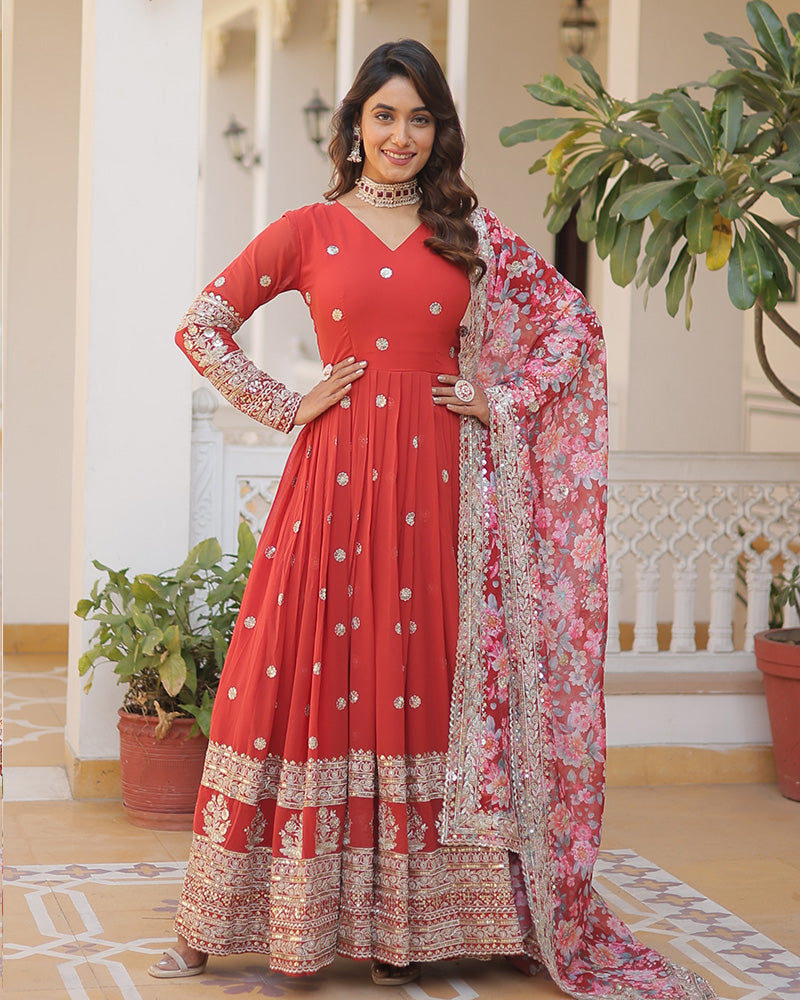 Hridaya red georgette anarkali gown suit set