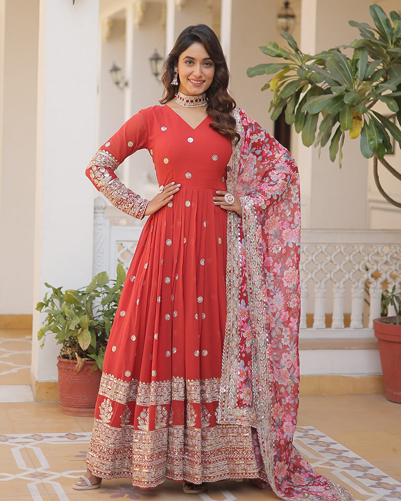 Hridaya red georgette anarkali gown suit set
