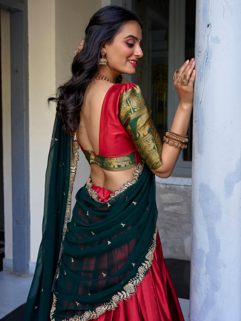 Red Narayan Pattu Silk Zari Weaving Lehenga Choli with Dupatta