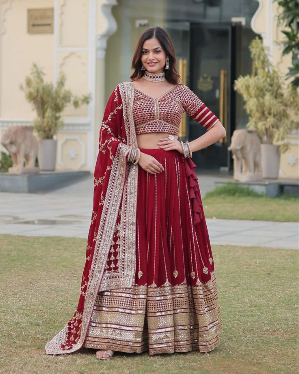 Sarvamangala red faux georgette zari lehenga set