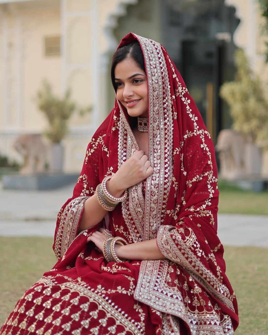 Sarvamangala red faux georgette zari lehenga set