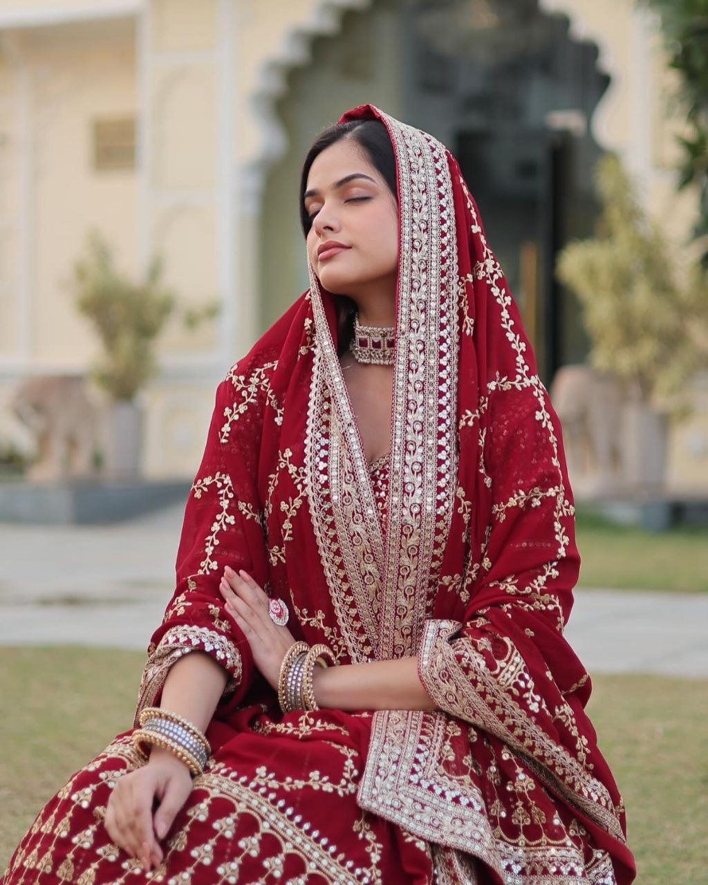 Sarvamangala red faux georgette zari lehenga set