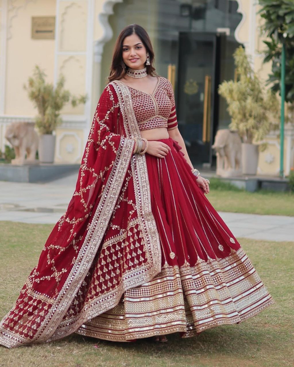 Sarvamangala red faux georgette zari lehenga set