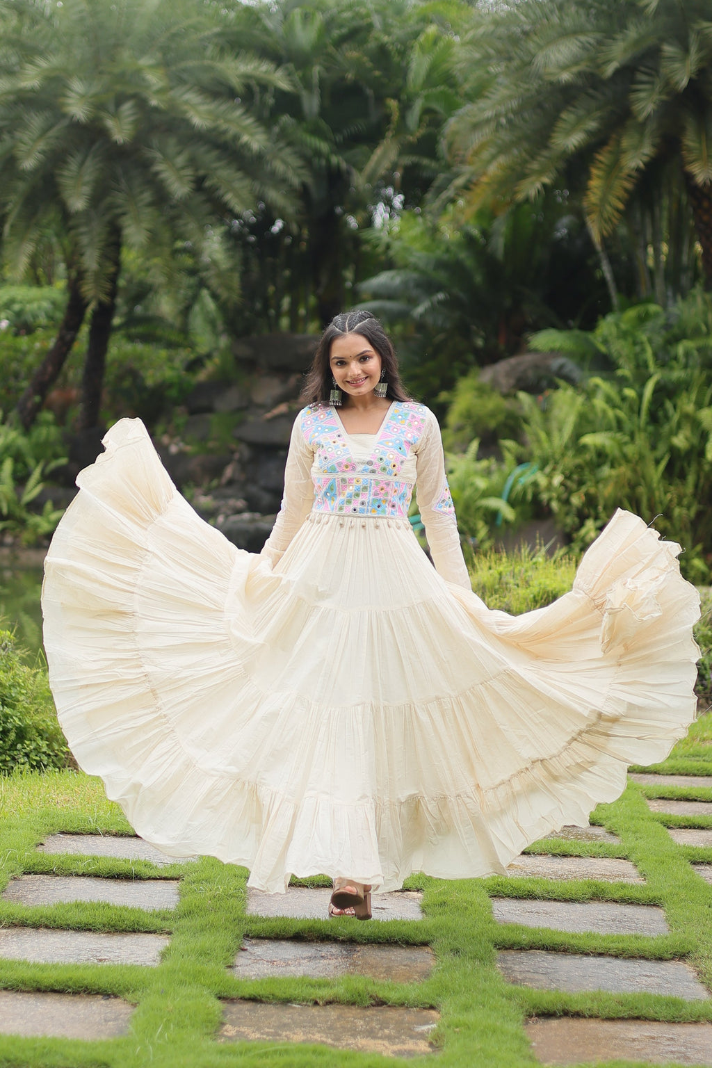 Reeva white pure cotton embroidered Anarkali gown