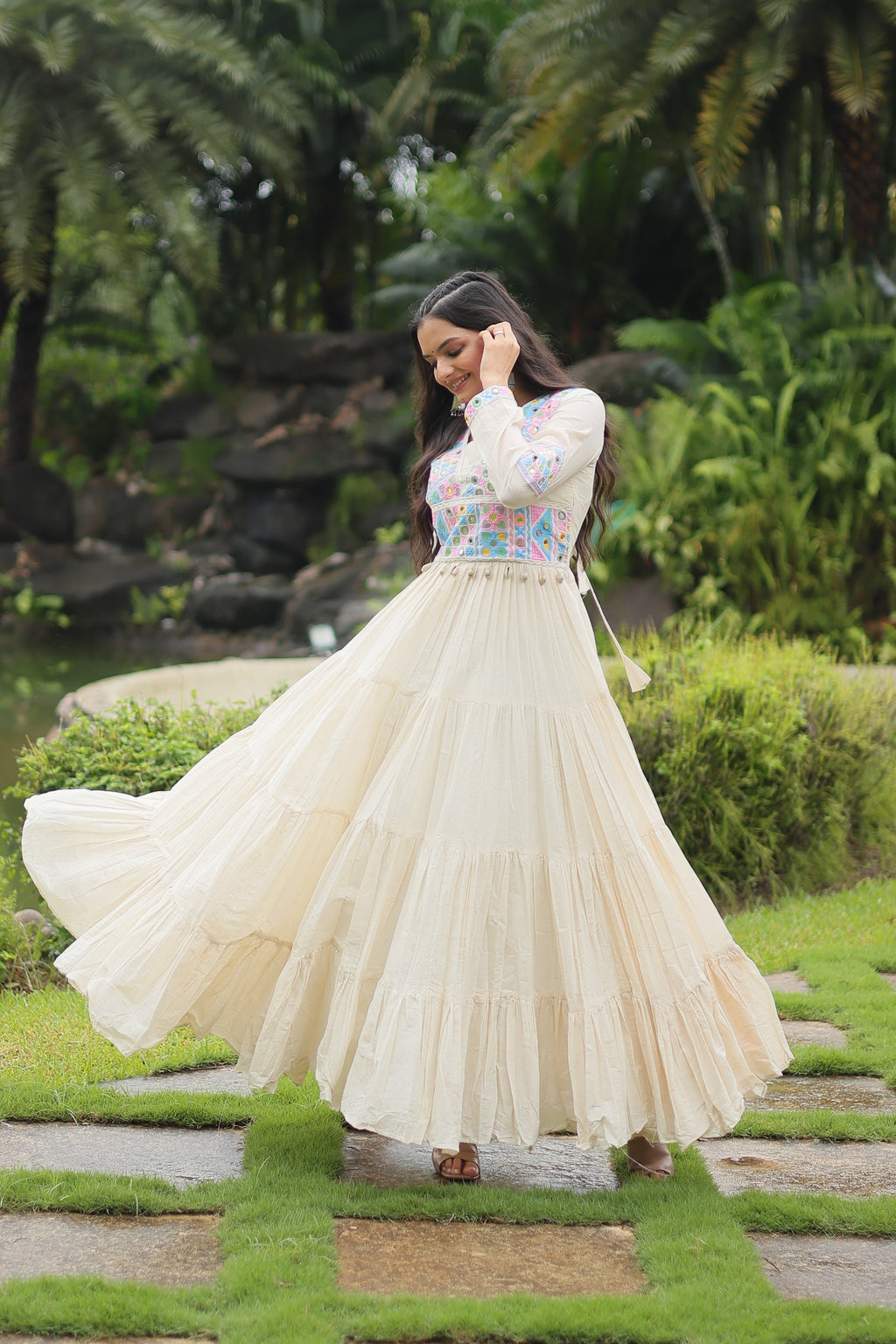 Reeva white pure cotton embroidered Anarkali gown