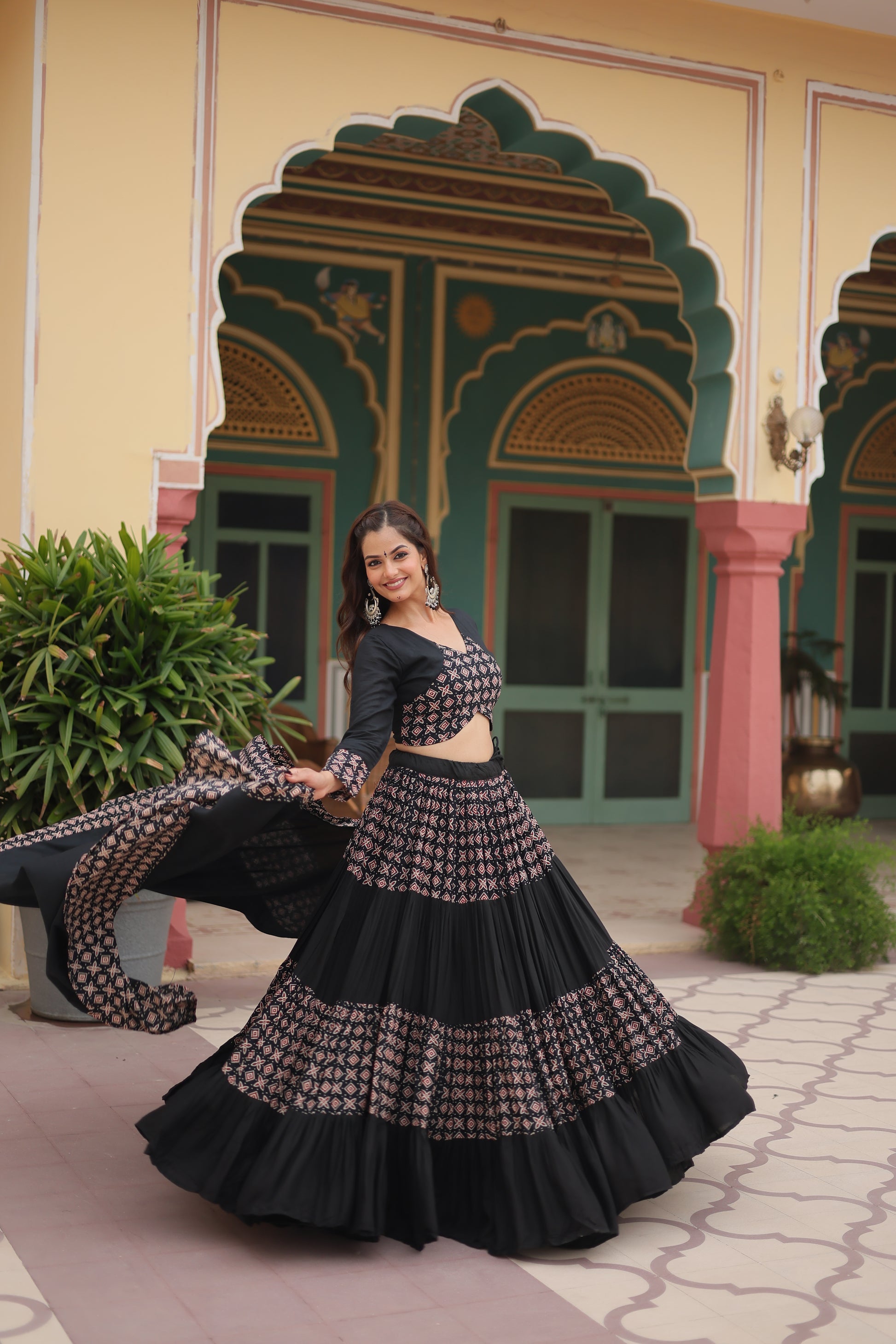 Black printed rayon Reya Navratri lehenga choli set