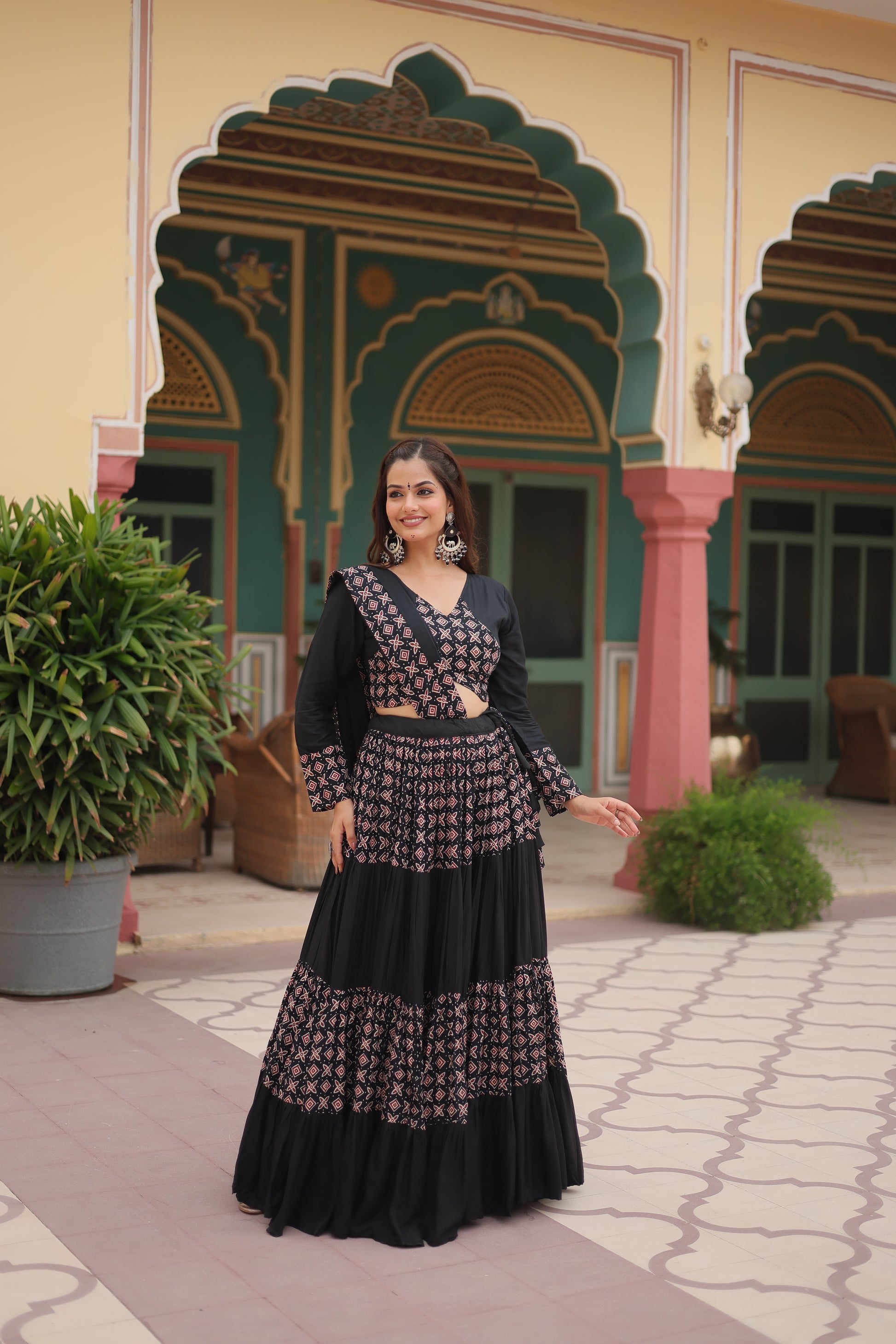 Black printed rayon Reya Navratri lehenga choli set