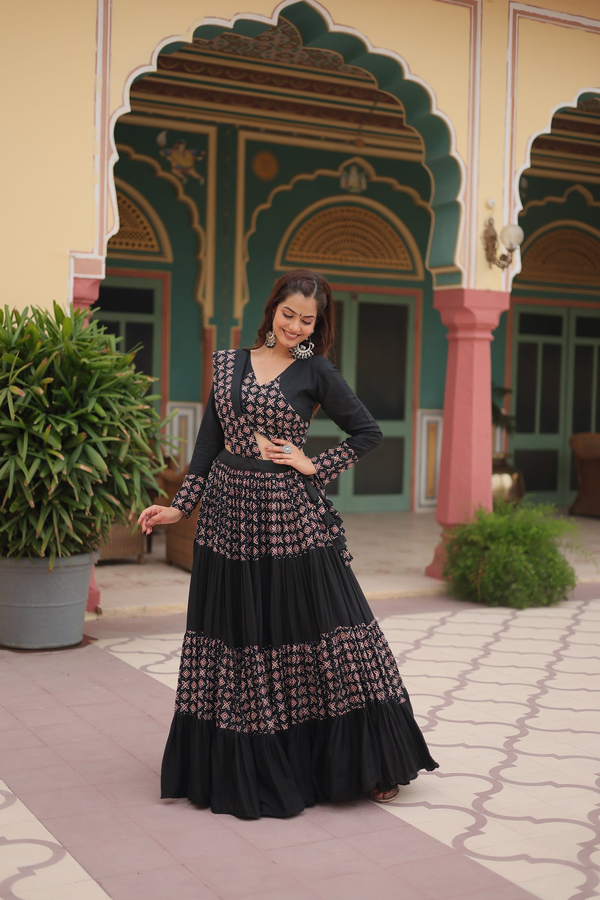 Black printed rayon Reya Navratri lehenga choli set