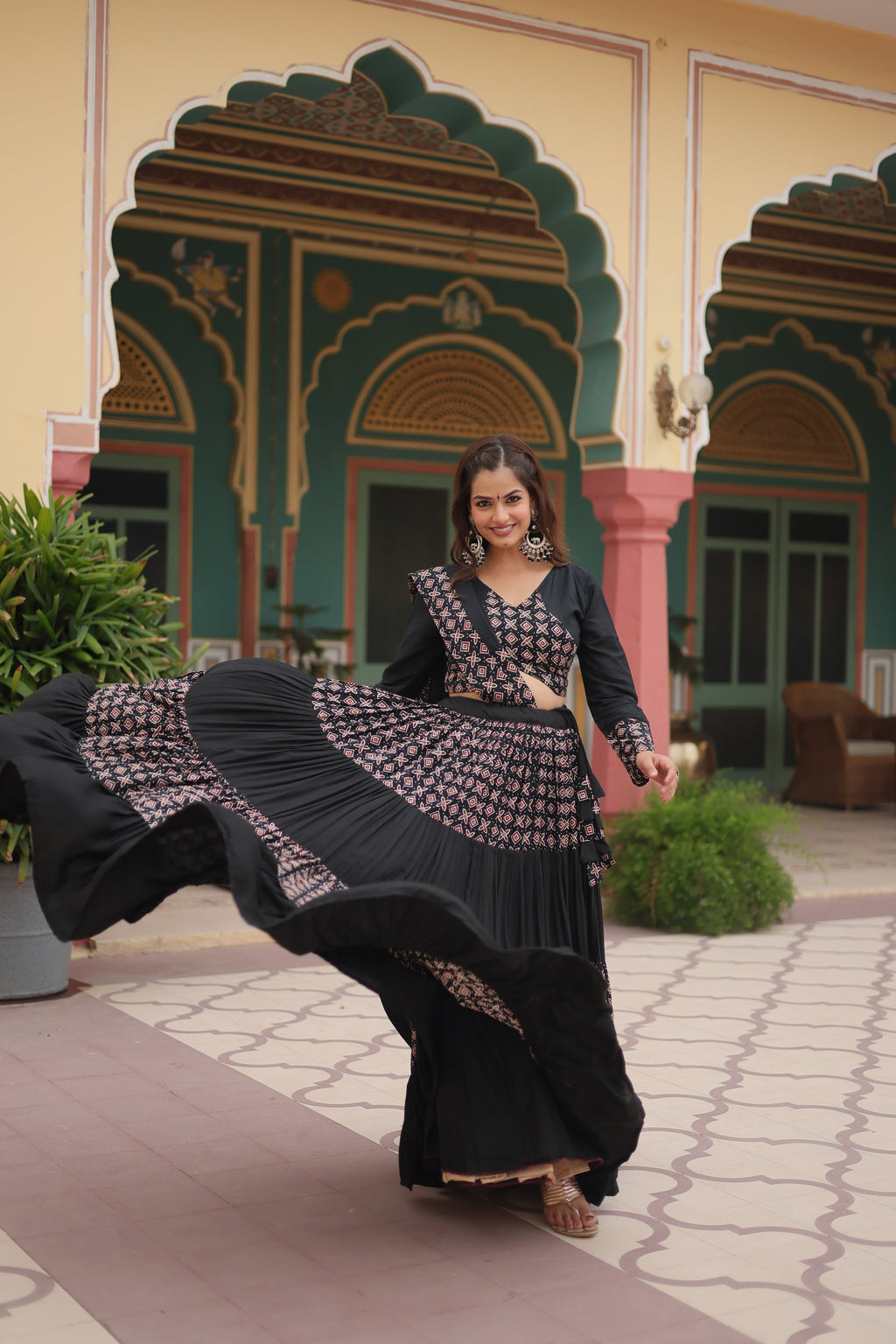 Black printed rayon Reya Navratri lehenga choli set