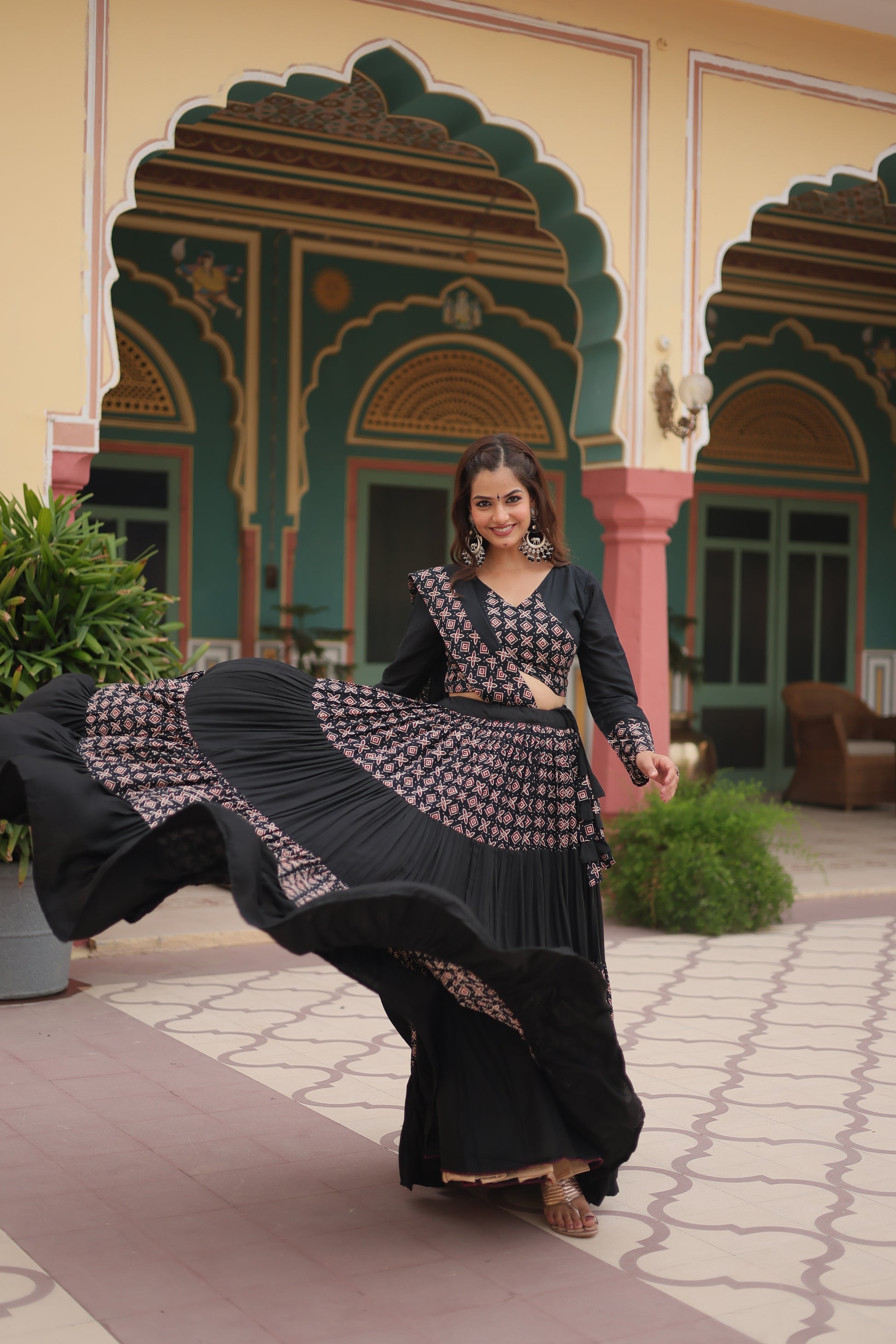 Black printed rayon Reya Navratri lehenga choli set