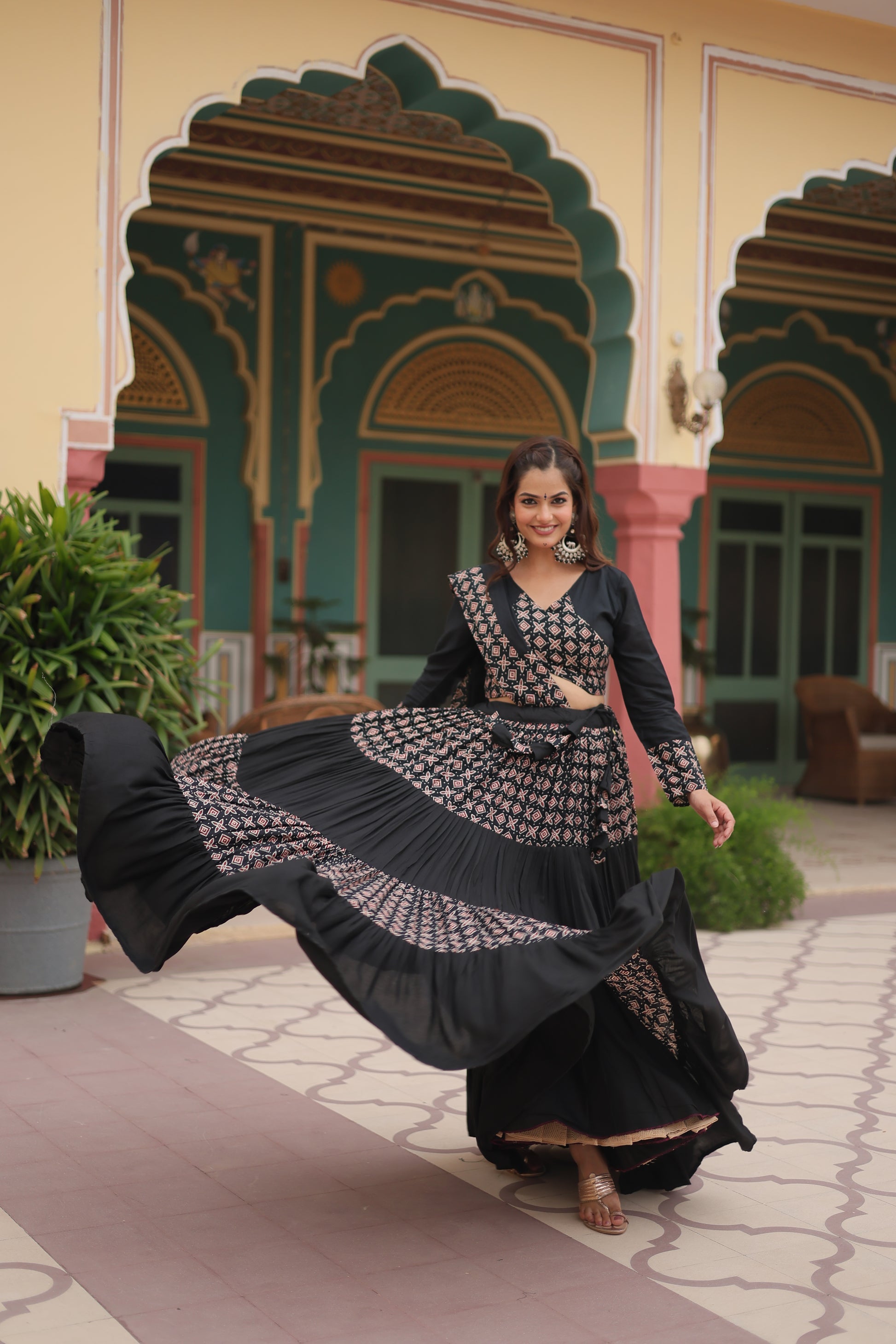 Black printed rayon Reya Navratri lehenga choli set