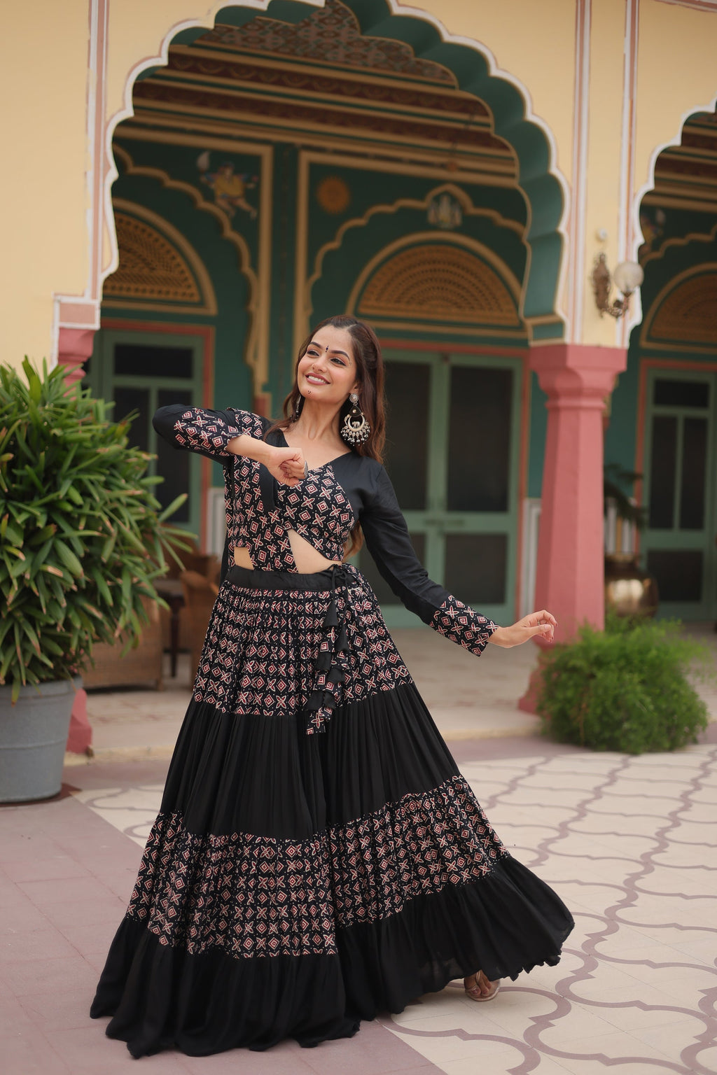 Black printed rayon Reya Navratri lehenga choli set