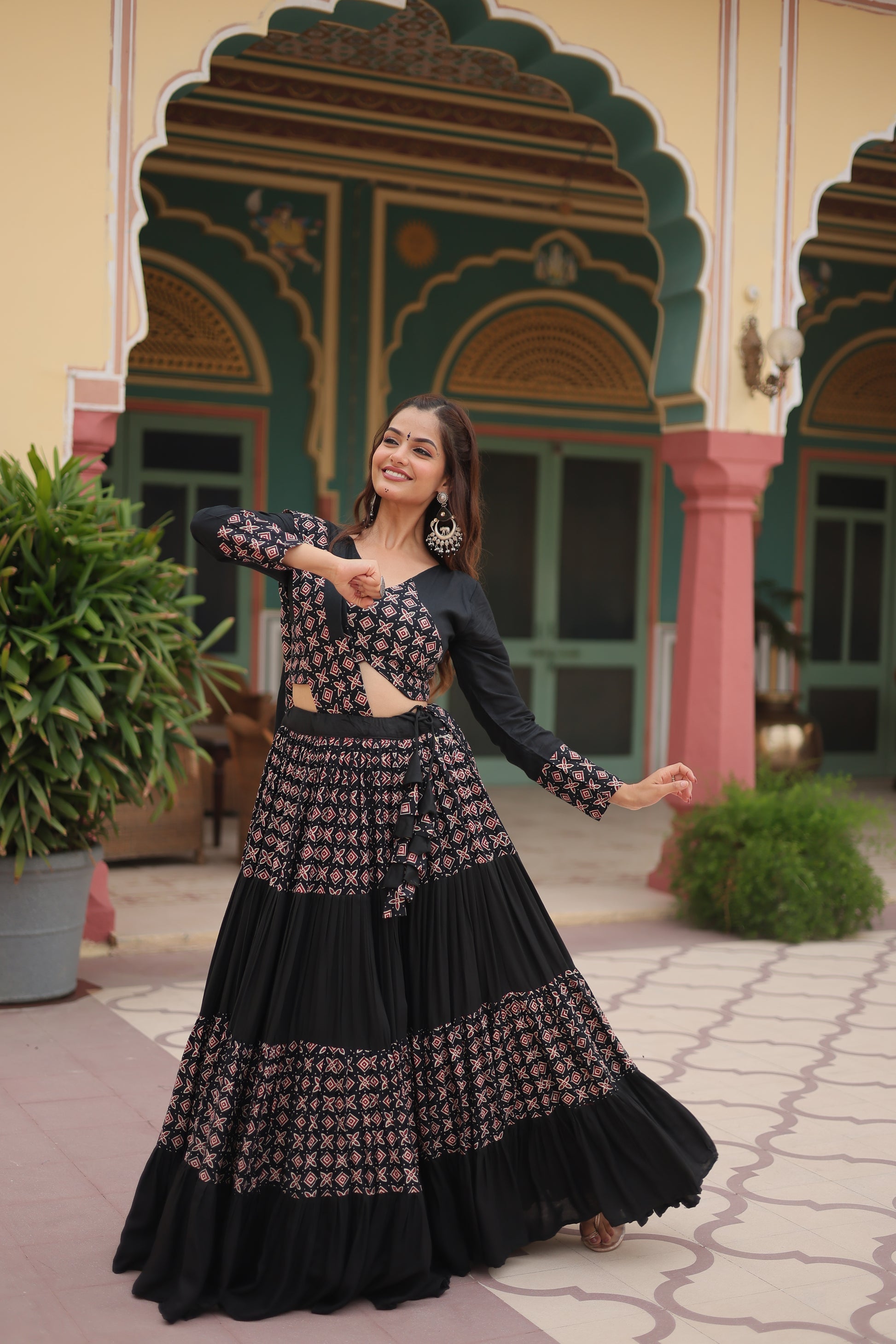 Black printed rayon Reya Navratri lehenga choli set