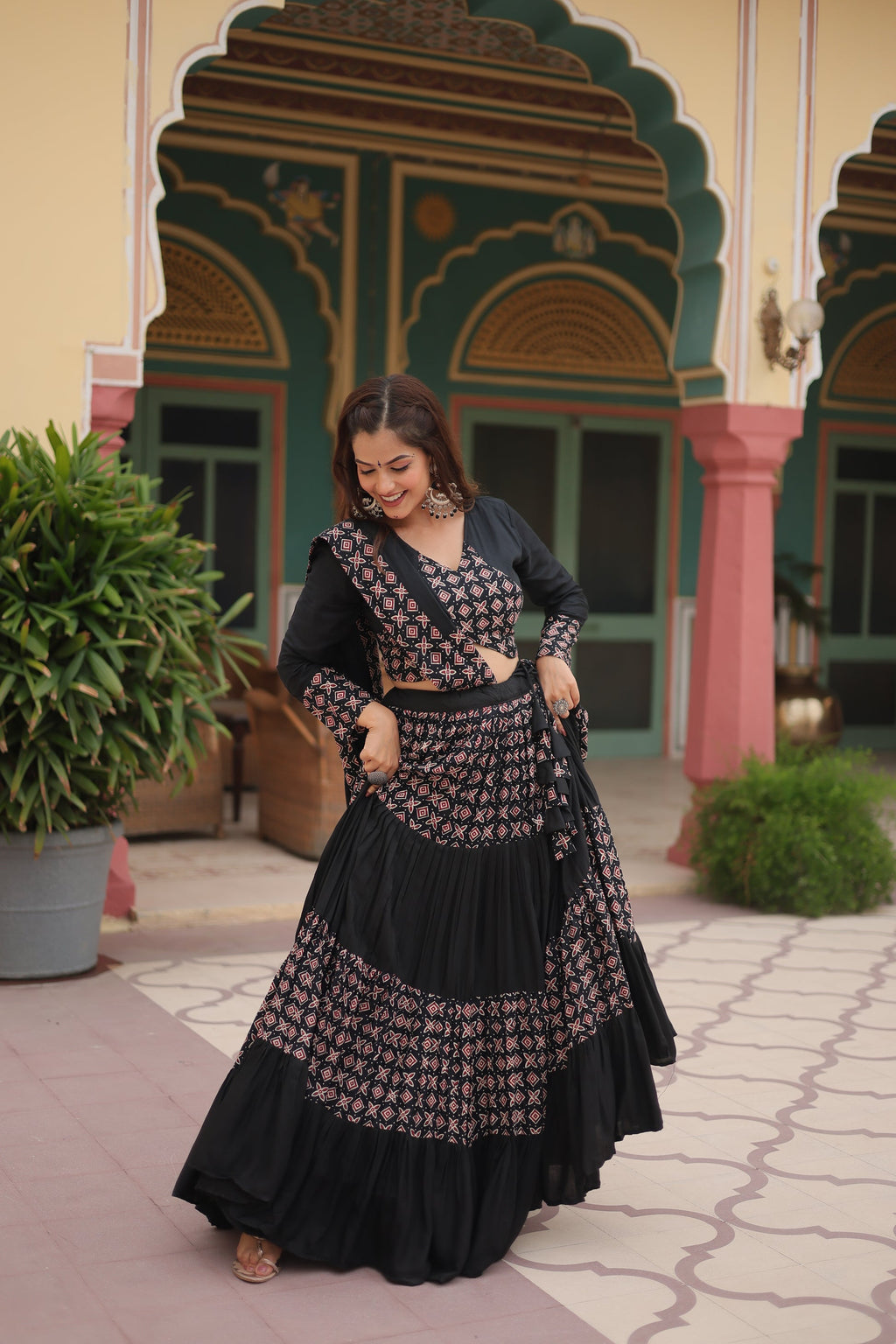 Black printed rayon Reya Navratri lehenga choli set