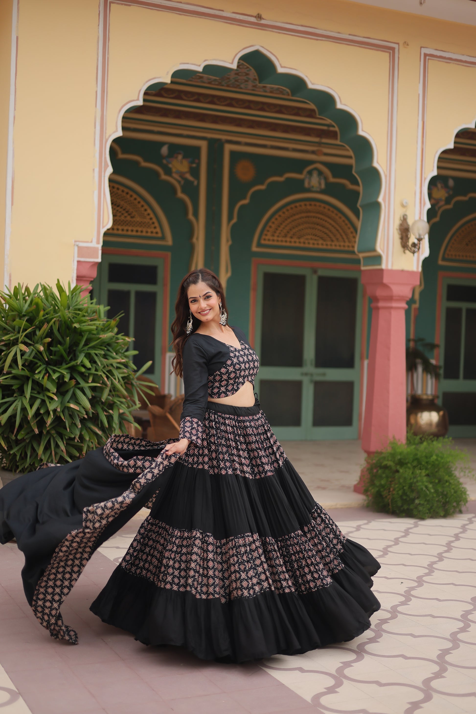 Black printed rayon Reya Navratri lehenga choli set