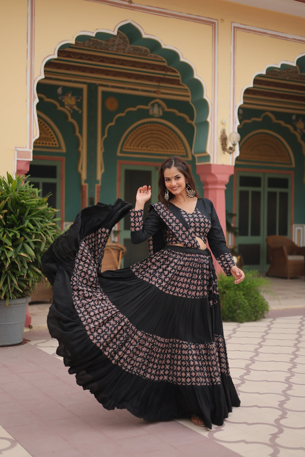 Black printed rayon Reya Navratri lehenga choli set