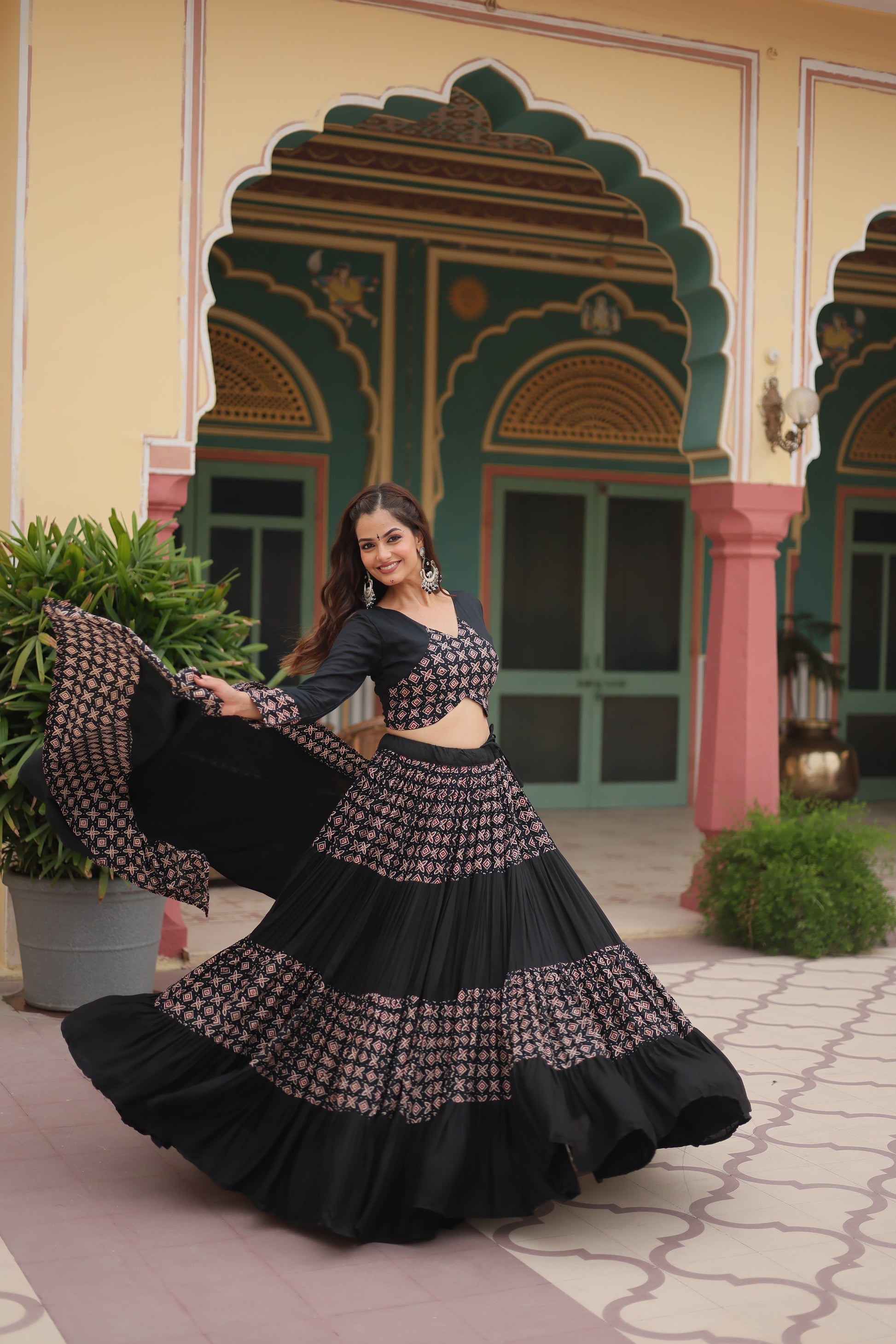 Black printed rayon Reya Navratri lehenga choli set