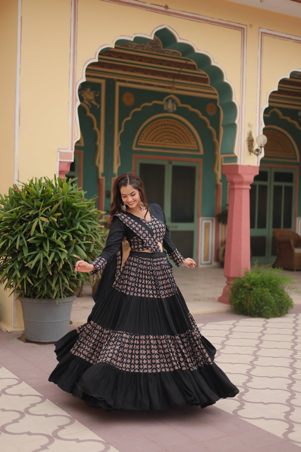 Black printed rayon Reya Navratri lehenga choli set