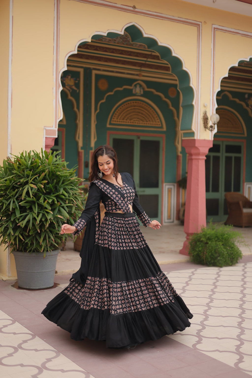 Black printed rayon Reya Navratri lehenga choli set