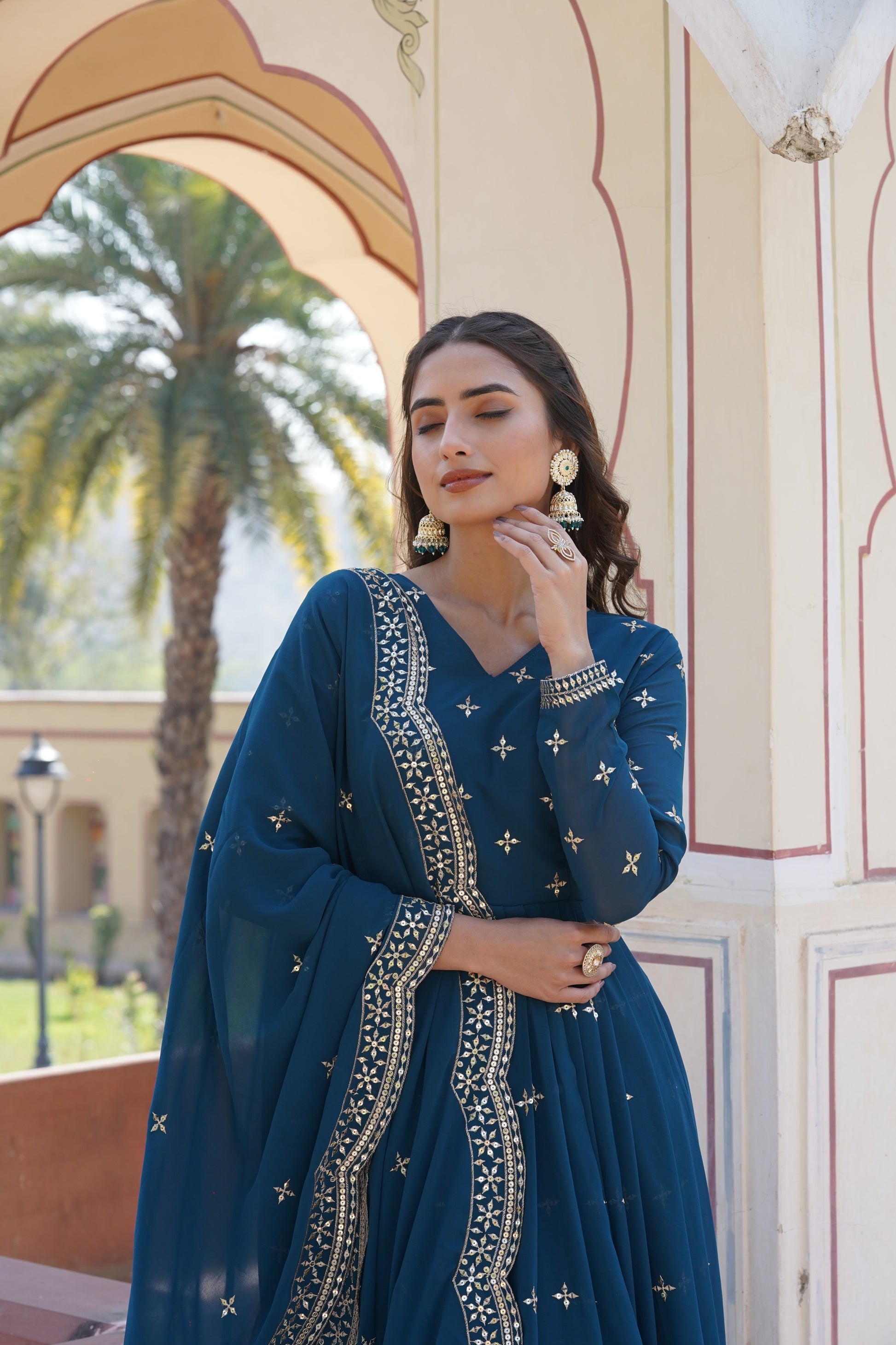 Rithanya blue georgette embroidered anarkali gown set

