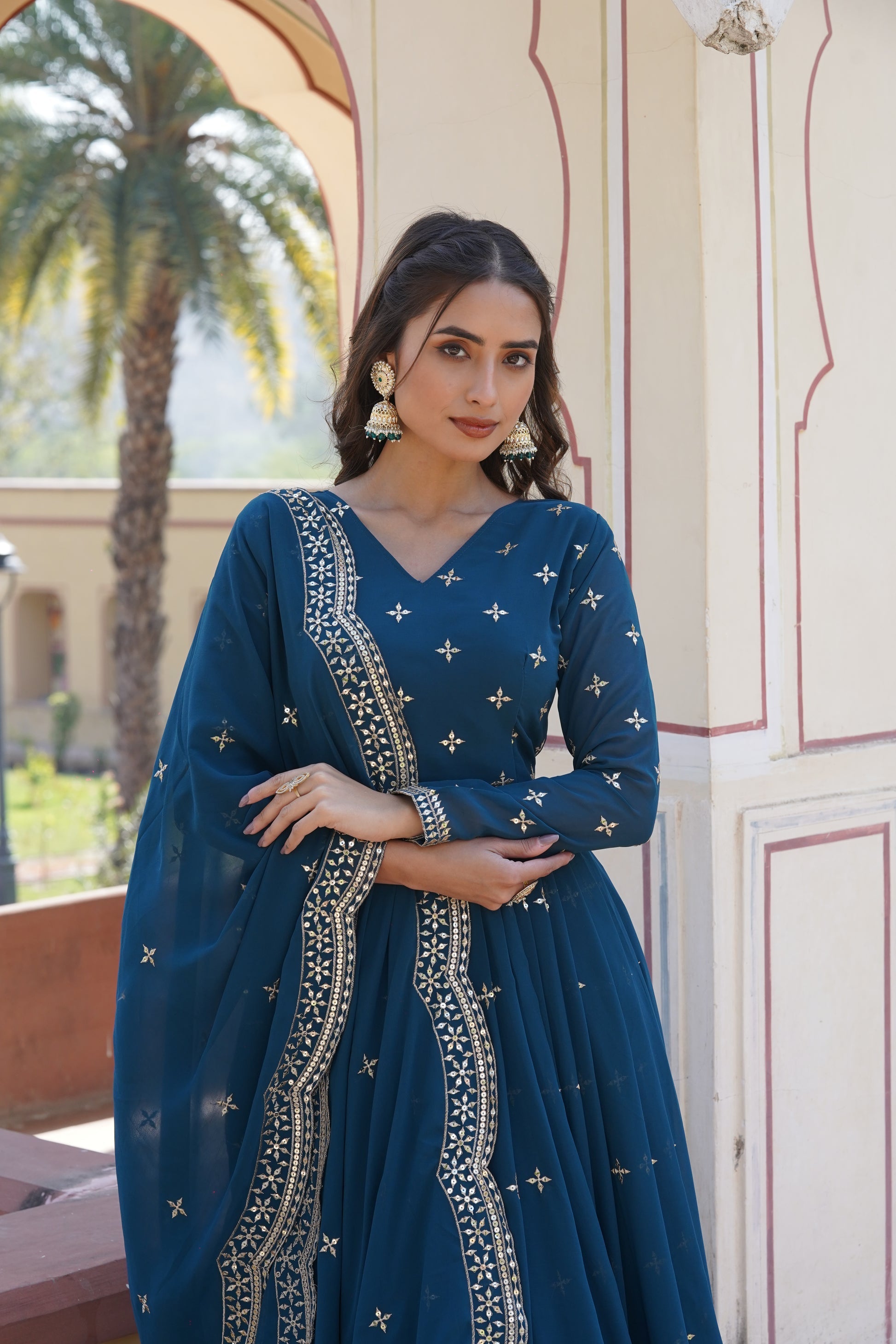 Rithanya blue georgette embroidered anarkali gown set

