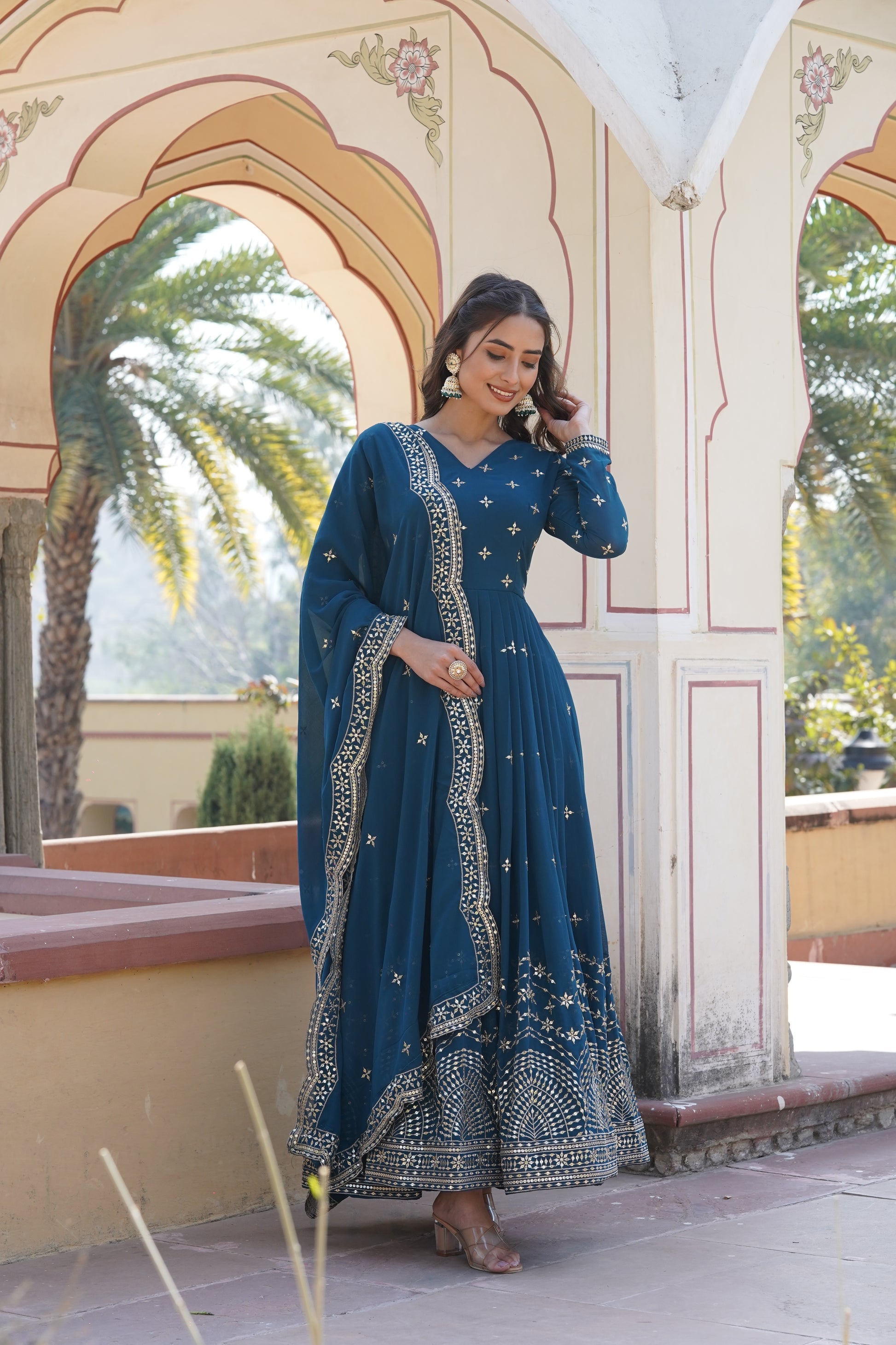 Rithanya blue georgette embroidered anarkali gown set

