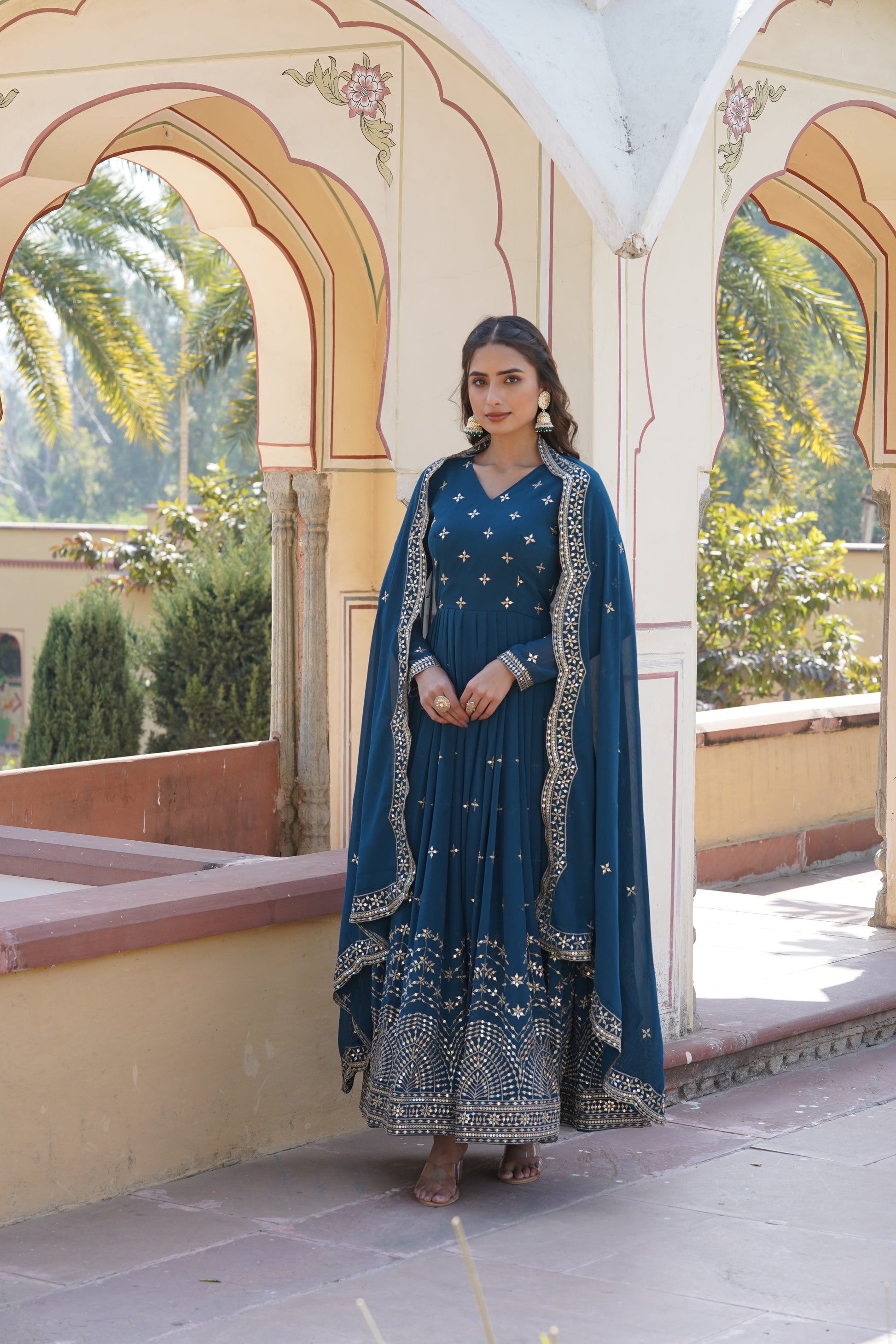 Rithanya blue georgette embroidered anarkali gown set

