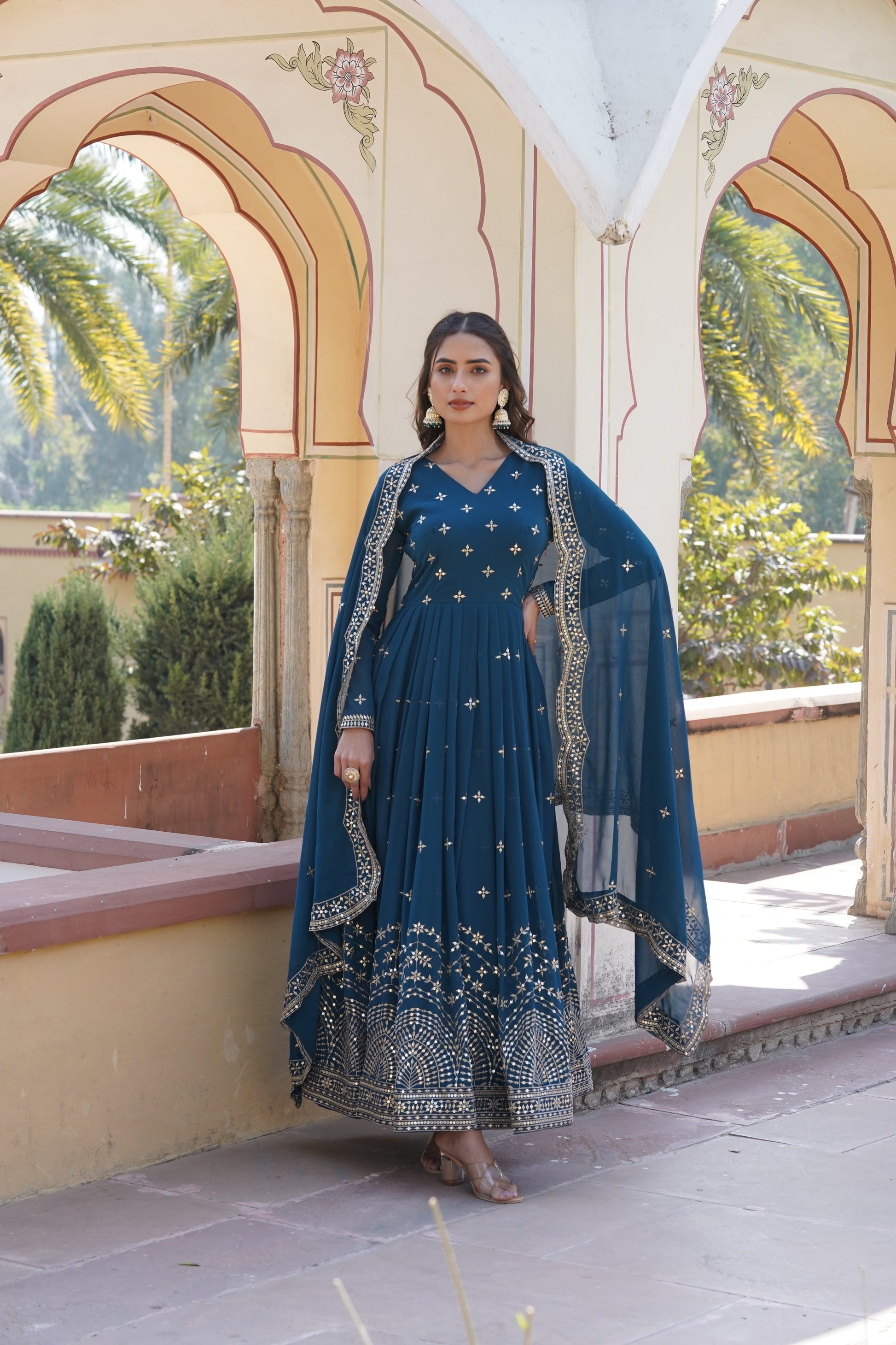 Rithanya blue georgette embroidered anarkali gown set

