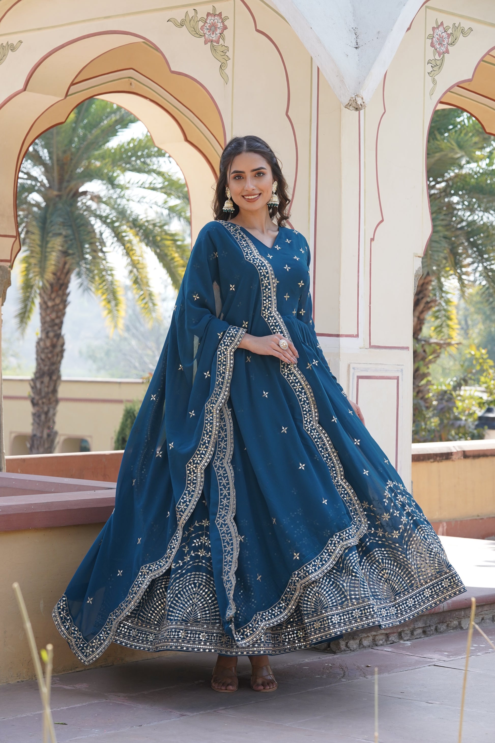 Rithanya blue georgette embroidered anarkali gown set

