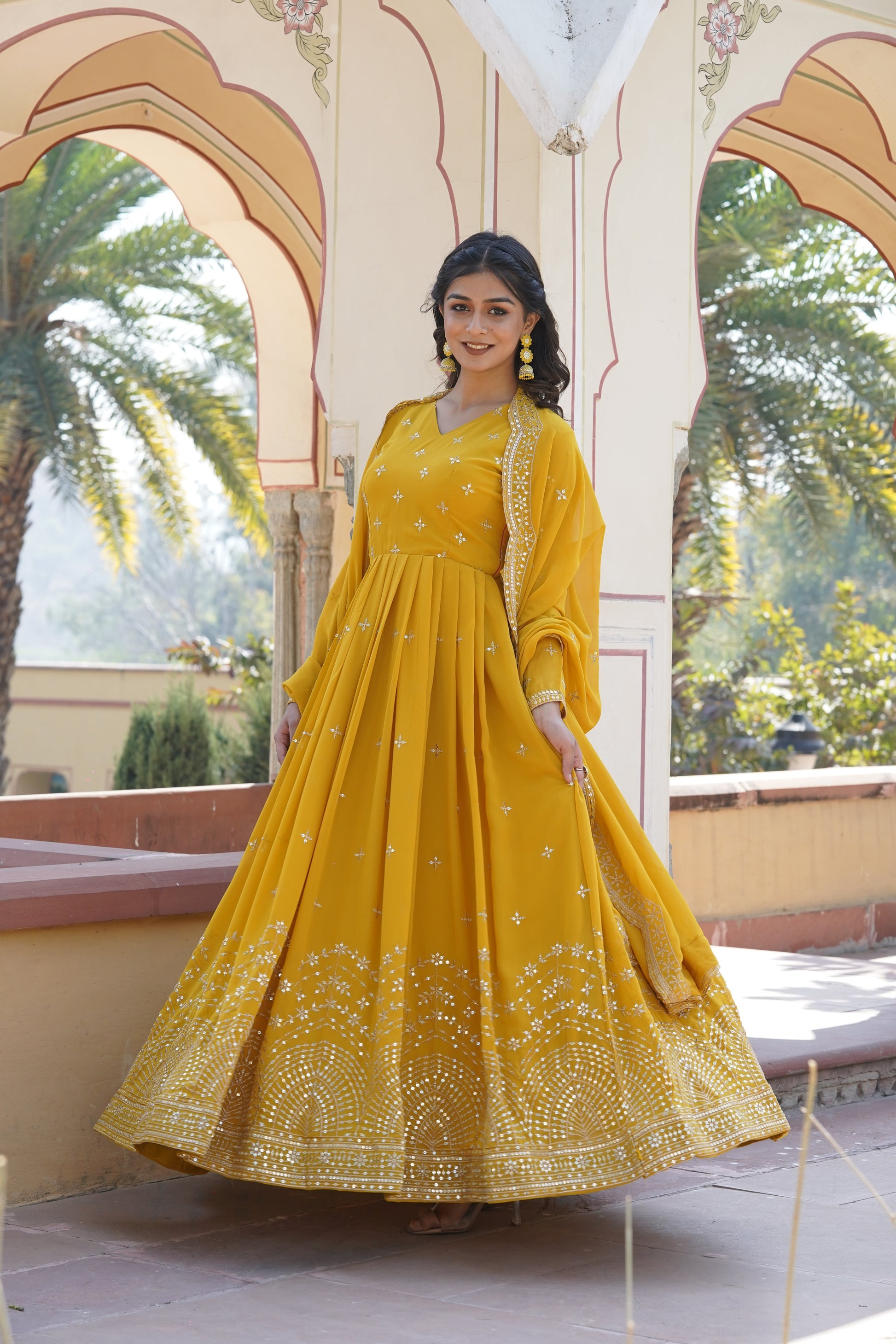 Rithanya yellow georgette embroidered anarkali gown set