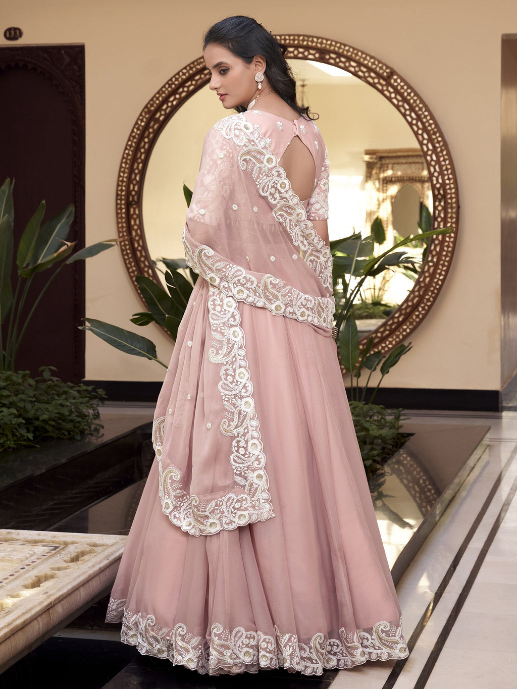 Rose pink silk lehenga choli with pearl coding and sequins embroidery