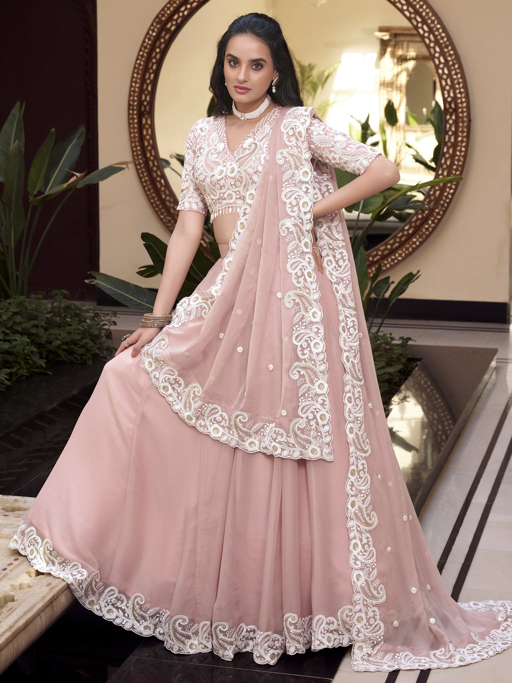 Rose pink silk lehenga choli with pearl coding and sequins embroidery