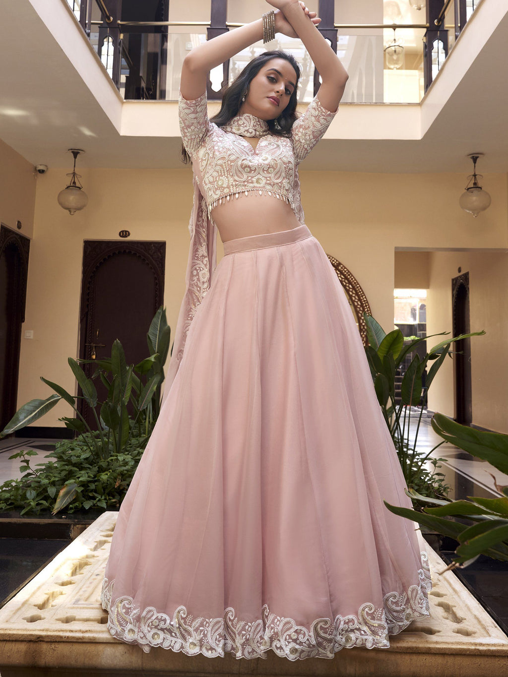 Rose pink silk lehenga choli with pearl coding and sequins embroidery