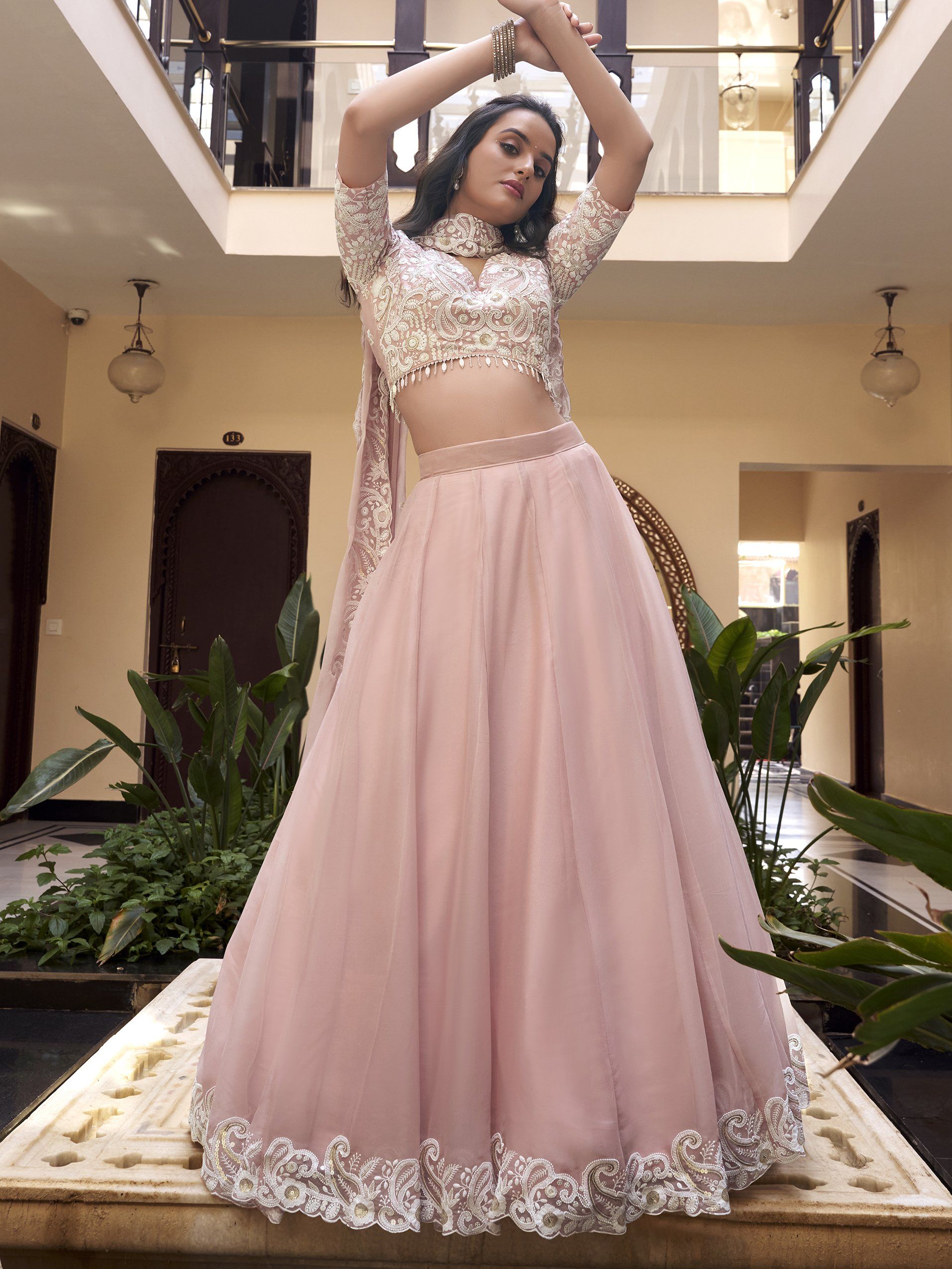 Rose pink silk lehenga choli with pearl coding and sequins embroidery