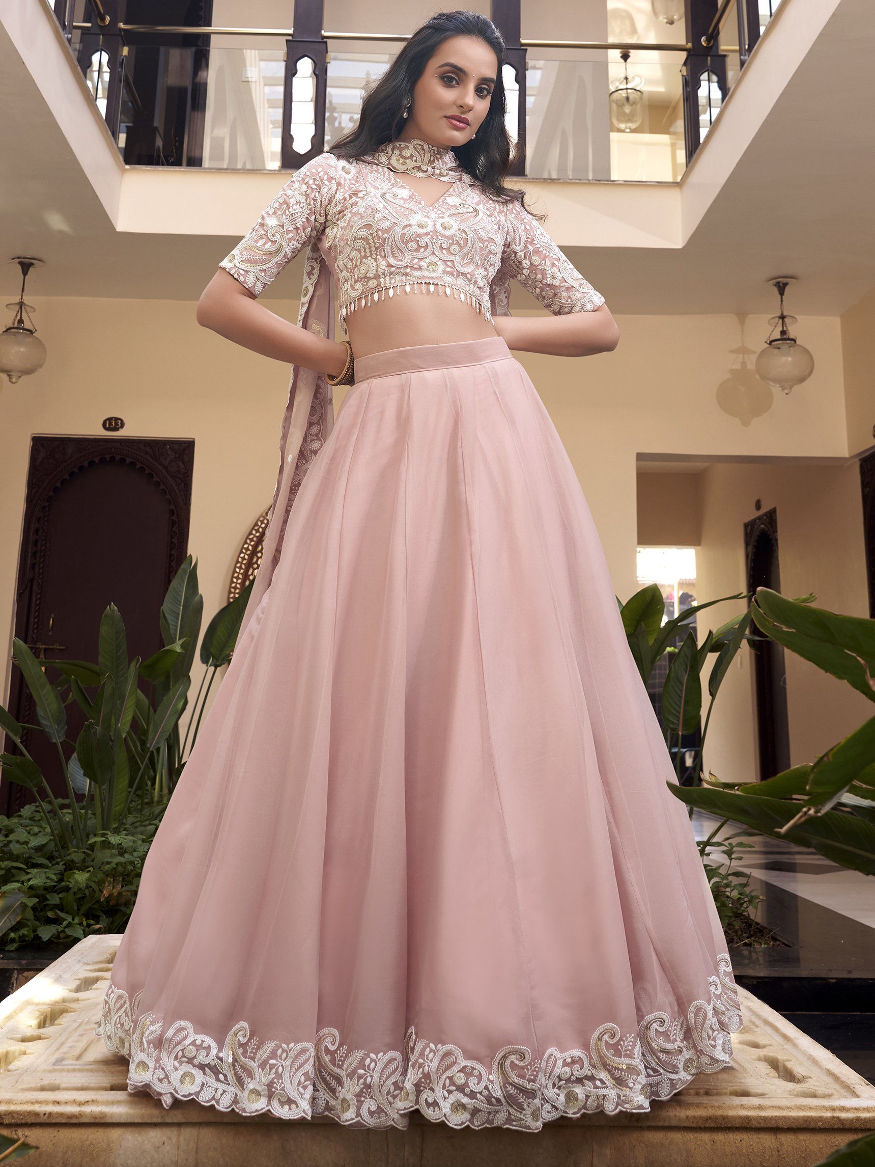 Rose Pink Silk Lehenga Choli with Pearl, Coding, and Sequins Embroidery Work – Perfect Designer Ethnic Wear for Weddings & Festive Functions
