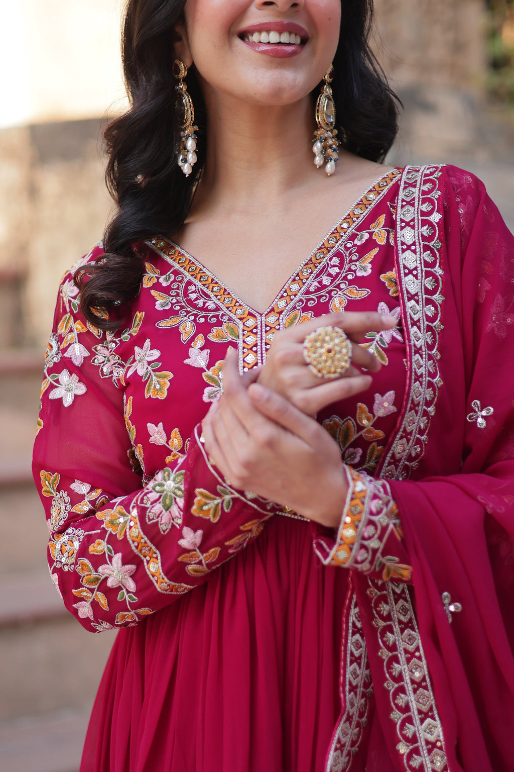 Ruhika Pink Zari Sequins Embroidered Alia Cut Anarkali Set