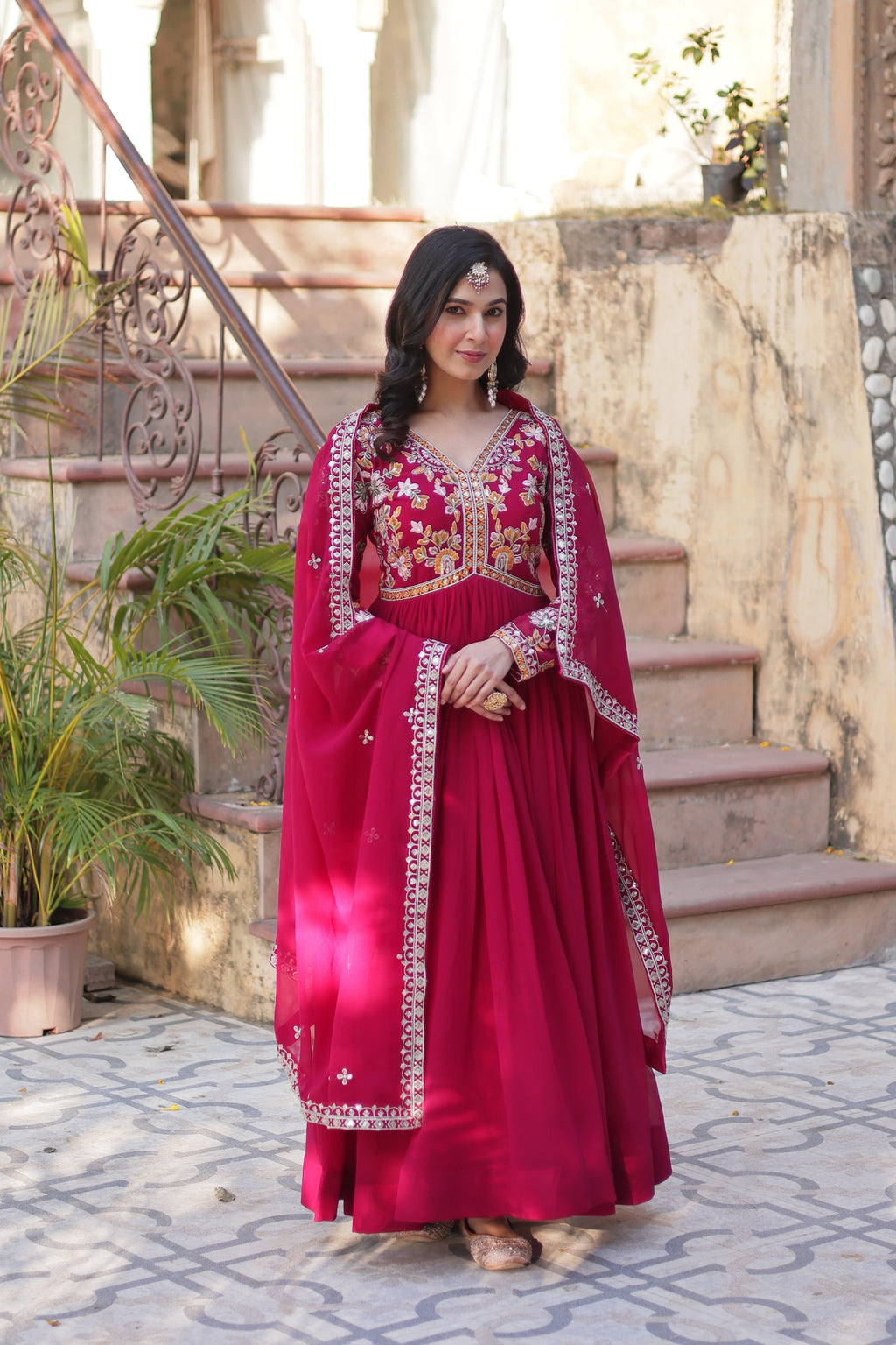 Ruhika Pink Zari Sequins Embroidered Alia Cut Anarkali Set