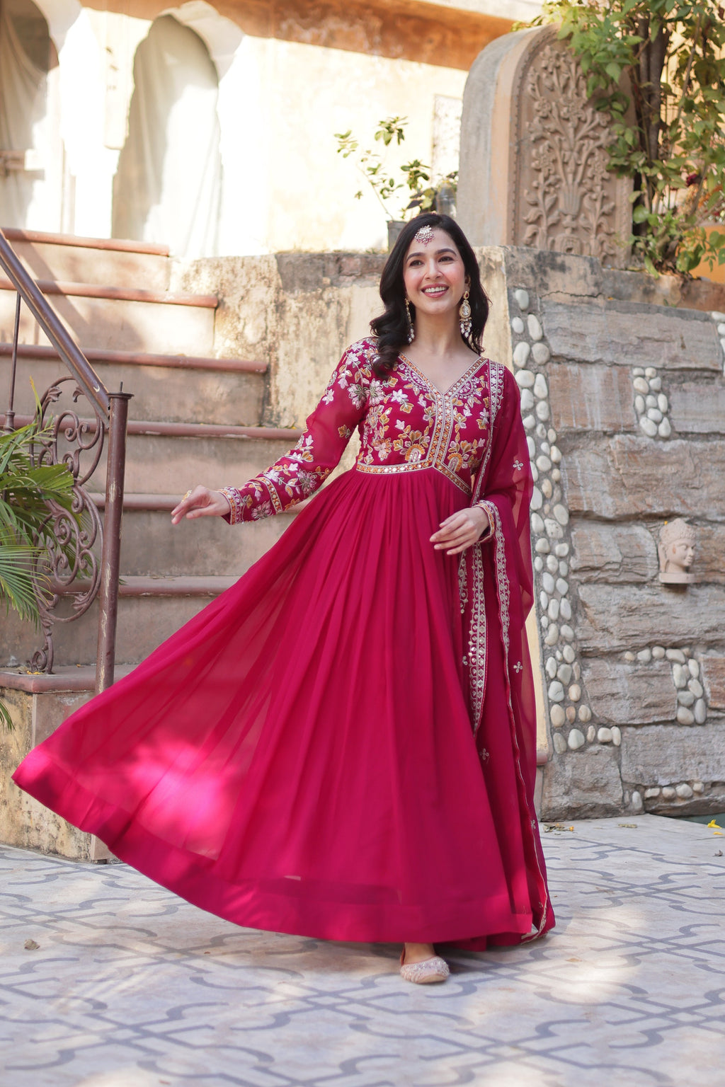 Ruhika Pink Zari Sequins Embroidered Alia Cut Anarkali Set