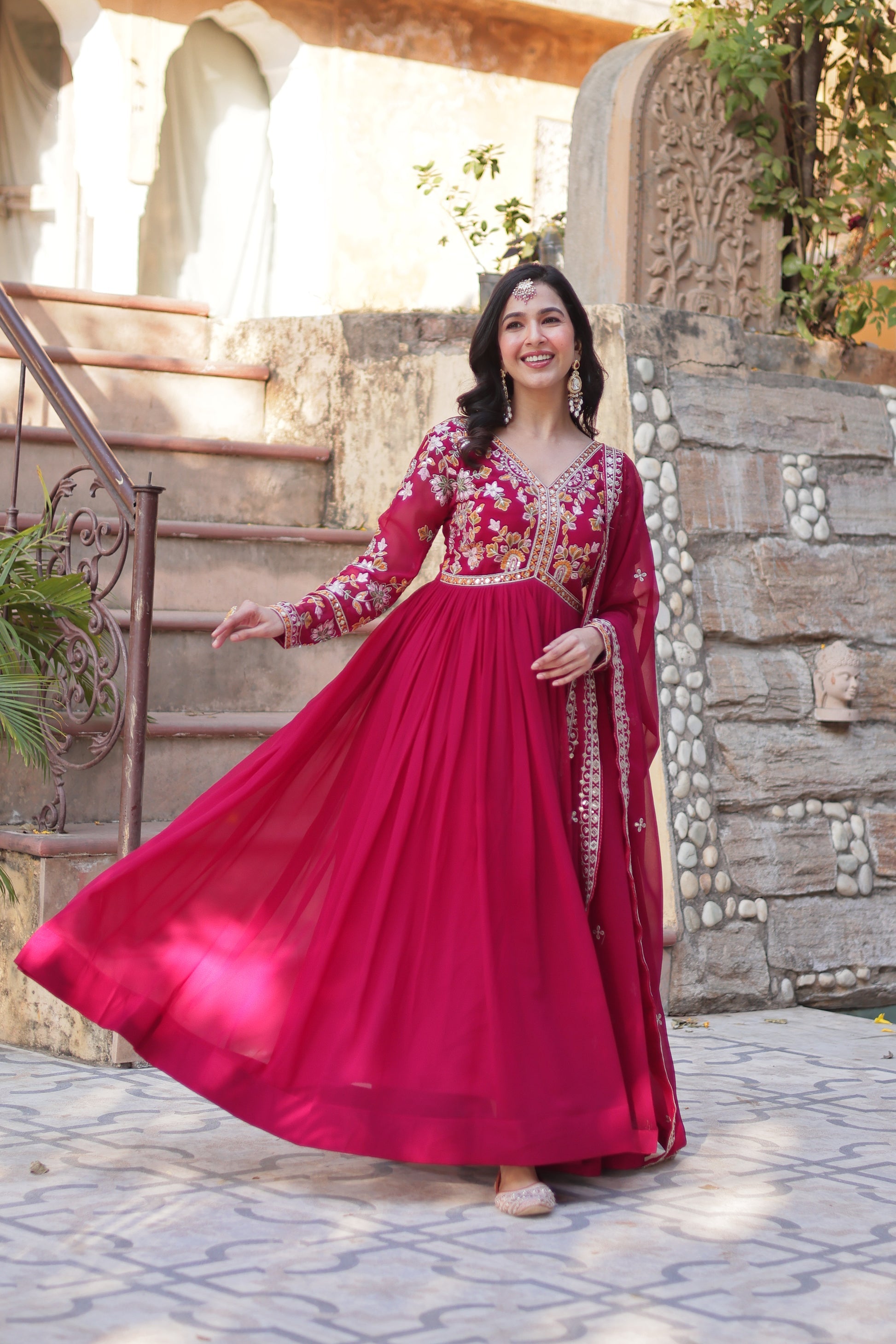 Ruhika Pink Zari Sequins Embroidered Alia Cut Anarkali Set