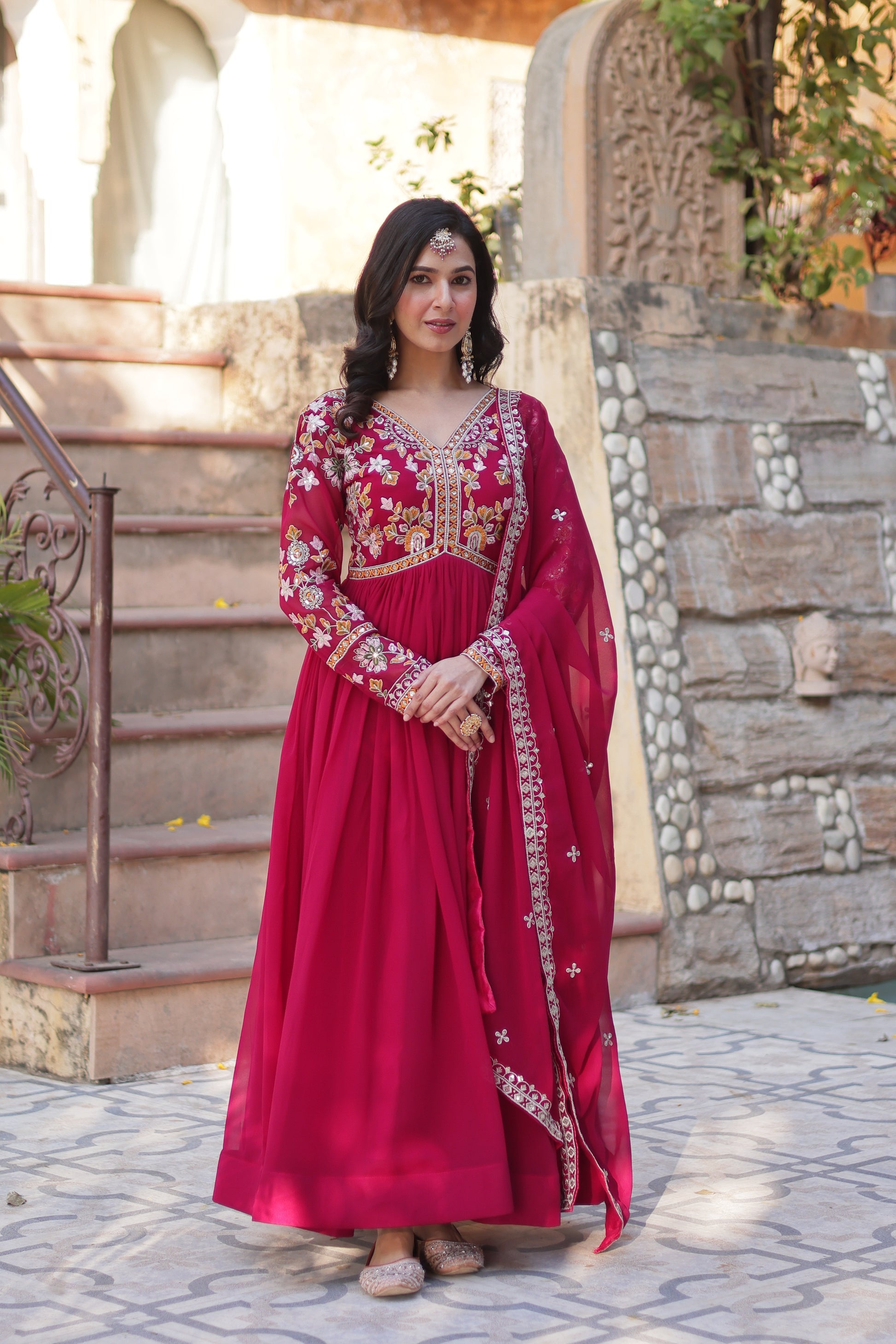 Ruhika Pink Zari Sequins Embroidered Alia Cut Anarkali Set