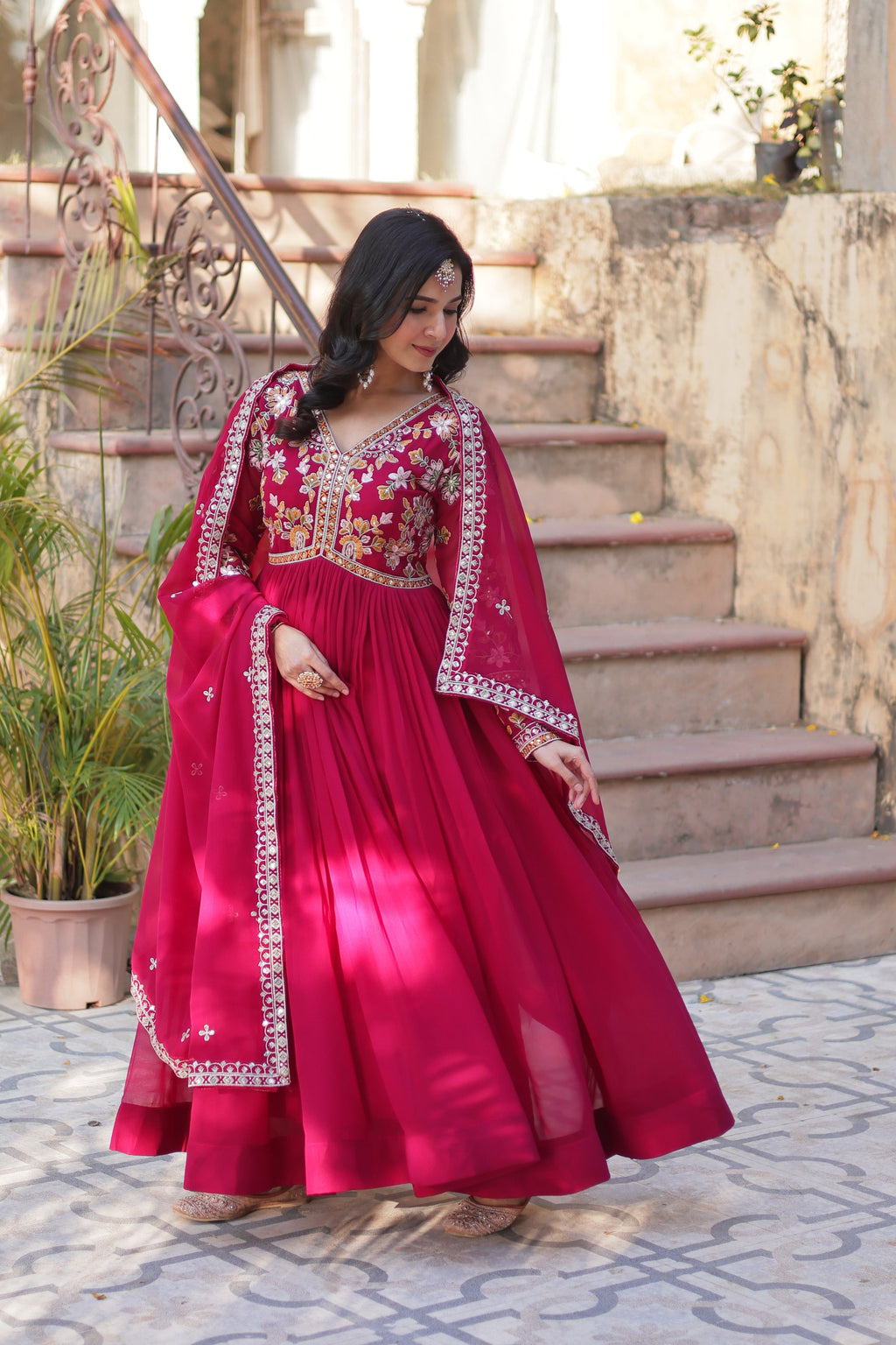 Ruhika Pink Zari Sequins Embroidered Alia Cut Anarkali Set