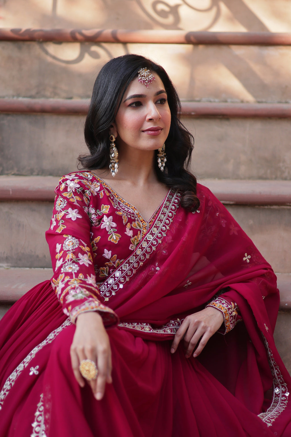 Ruhika Pink Zari Sequins Embroidered Alia Cut Anarkali Set