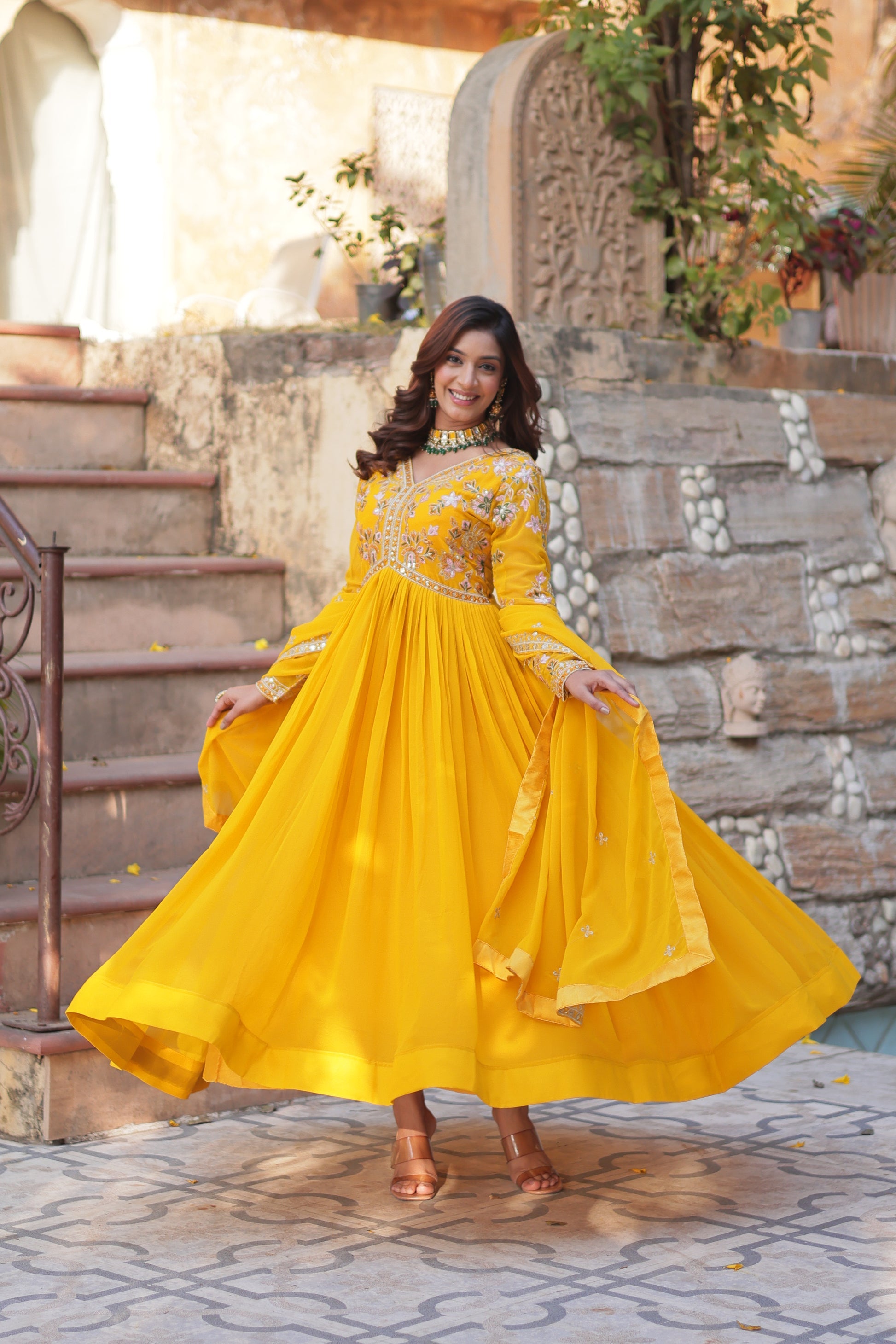 Ruhika Zari Sequins Embroidered Alia Cut Yellow Anarkali Set