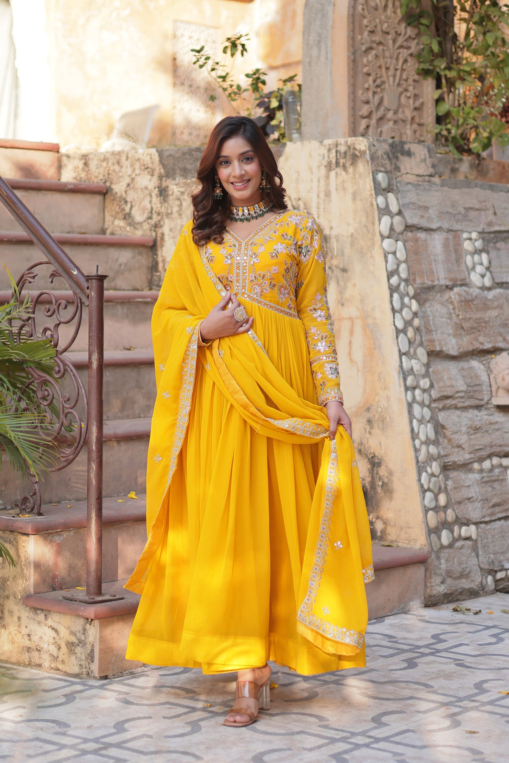 Ruhika Zari Sequins Embroidered Alia Cut Yellow Anarkali Set