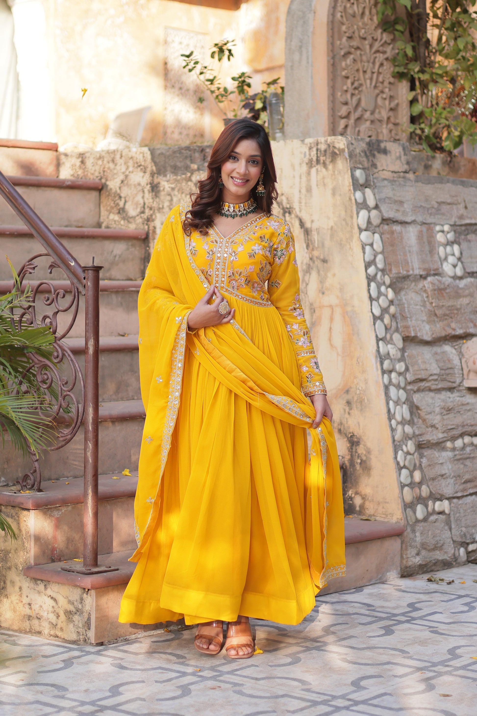Ruhika Zari Sequins Embroidered Alia Cut Yellow Anarkali Set