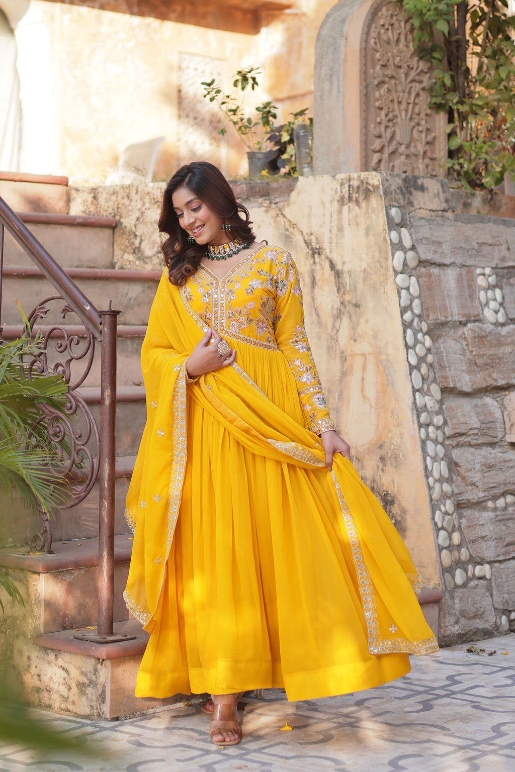 Ruhika Zari Sequins Embroidered Alia Cut Yellow Anarkali Set