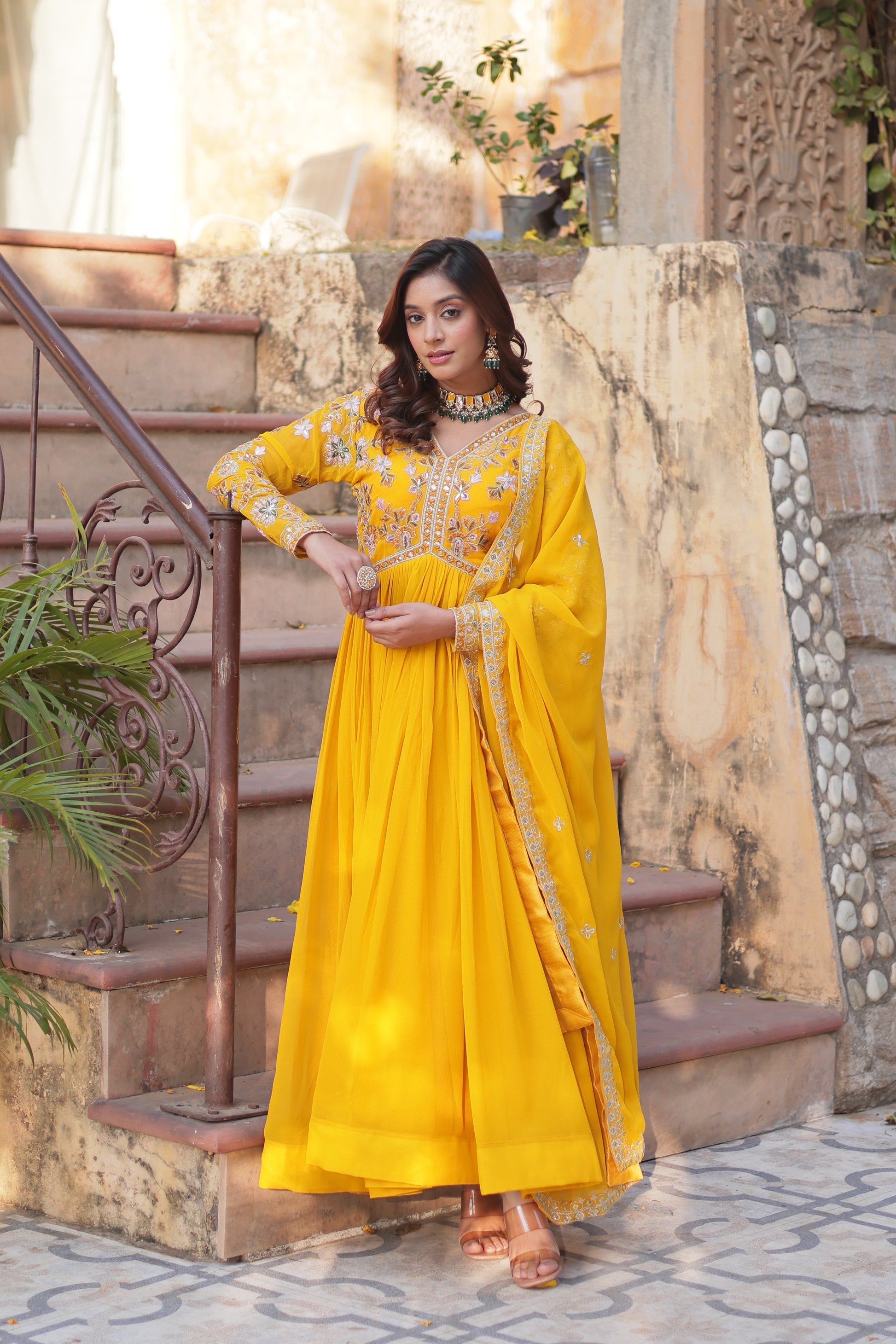 Ruhika Zari Sequins Embroidered Alia Cut Yellow Anarkali Set
